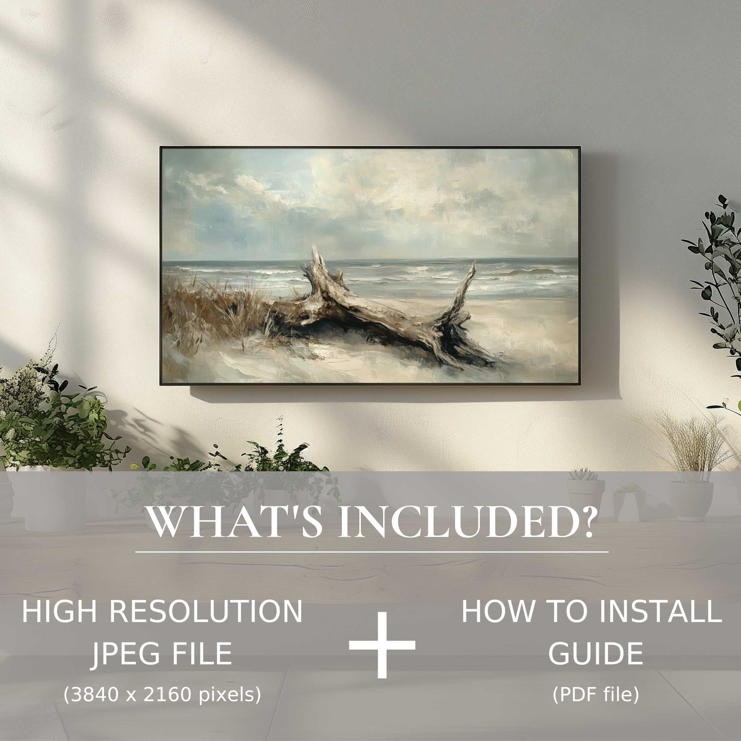 Elegant coastal digital TV art download enhances your space with easy digital use in a stylish, modern living room