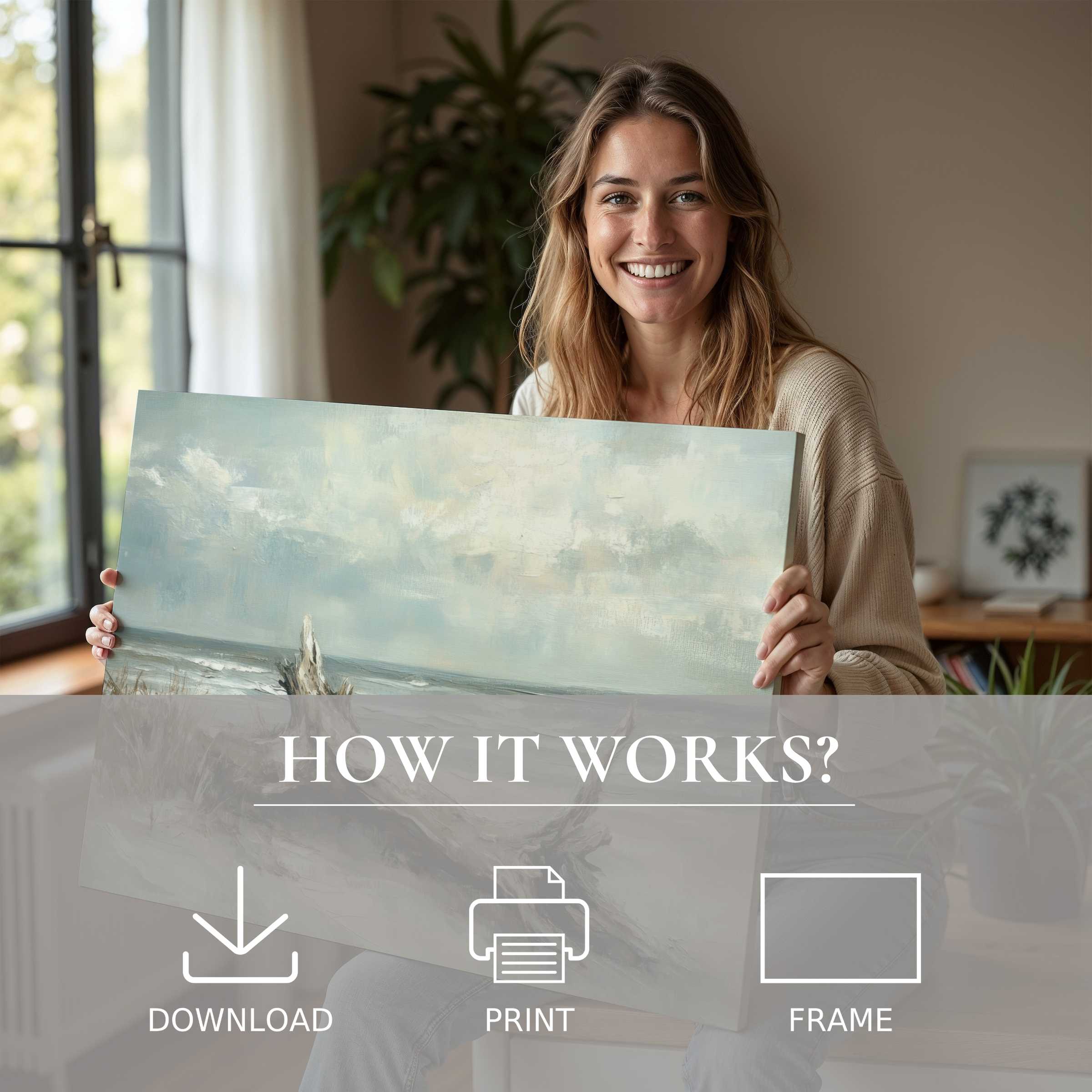 Coastal digital art print radiates serene joy in a modern home, celebrating effortless elegance and soulful connection
