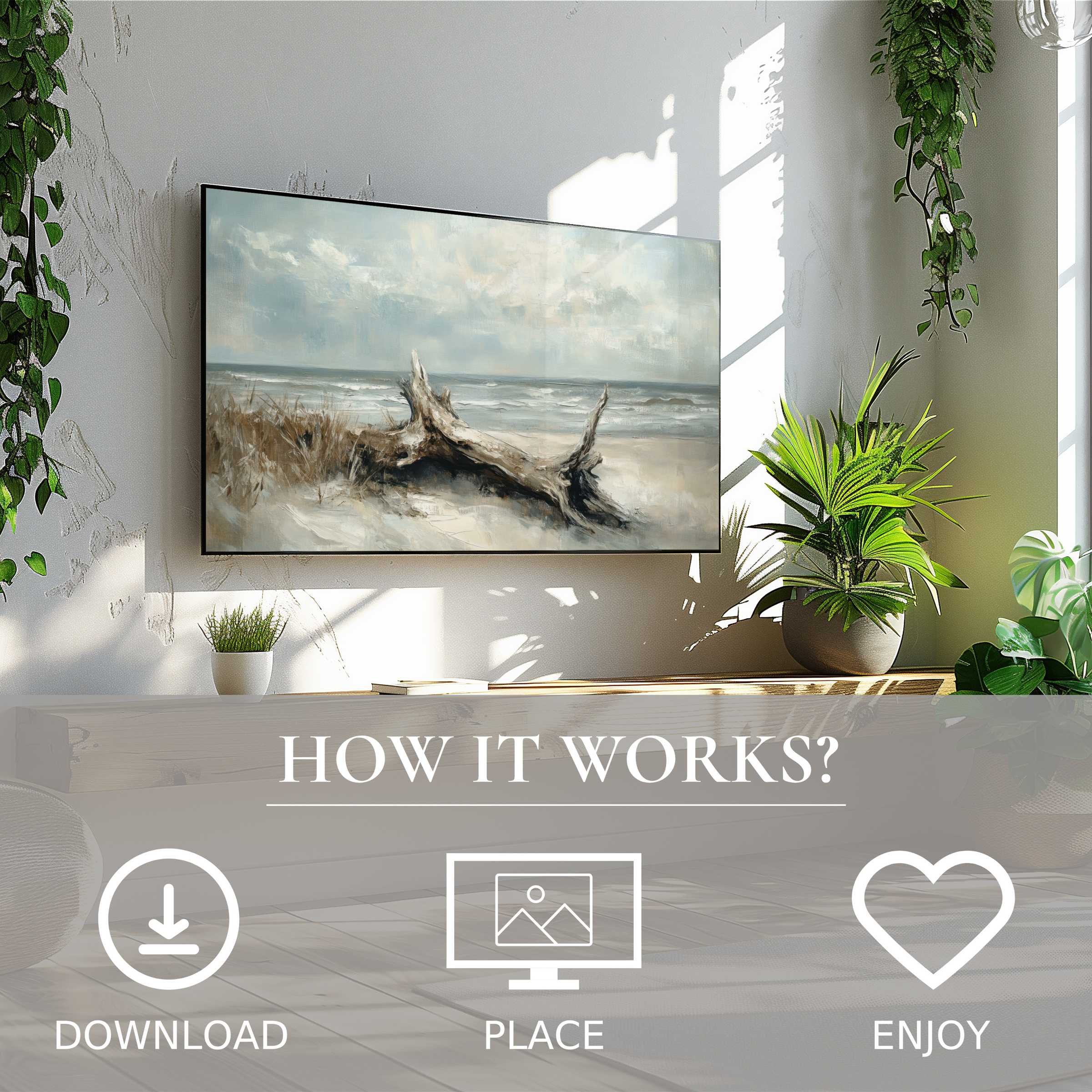 Modern coastal art for Samsung TV with soft driftwood tones, easy digital download enriches your stylish living space