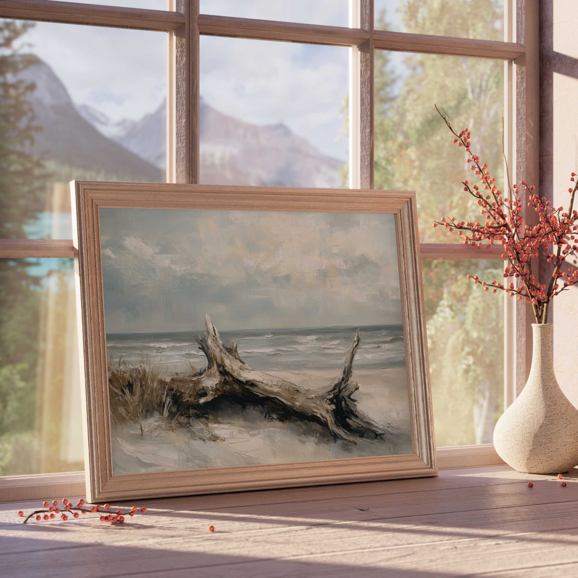 Coastal downloadable art capturing serene driftwood on a tranquil shore, perfect for curated, elegant beach house interiors
