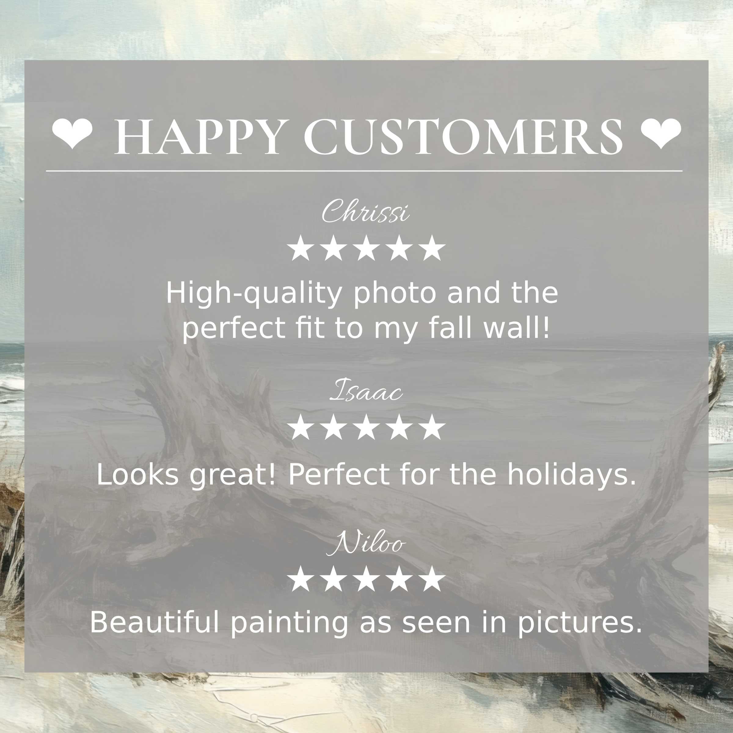 Coastal art for Frame TV with abstract muted ocean colors, showcasing happy customer reviews and elegant design trust