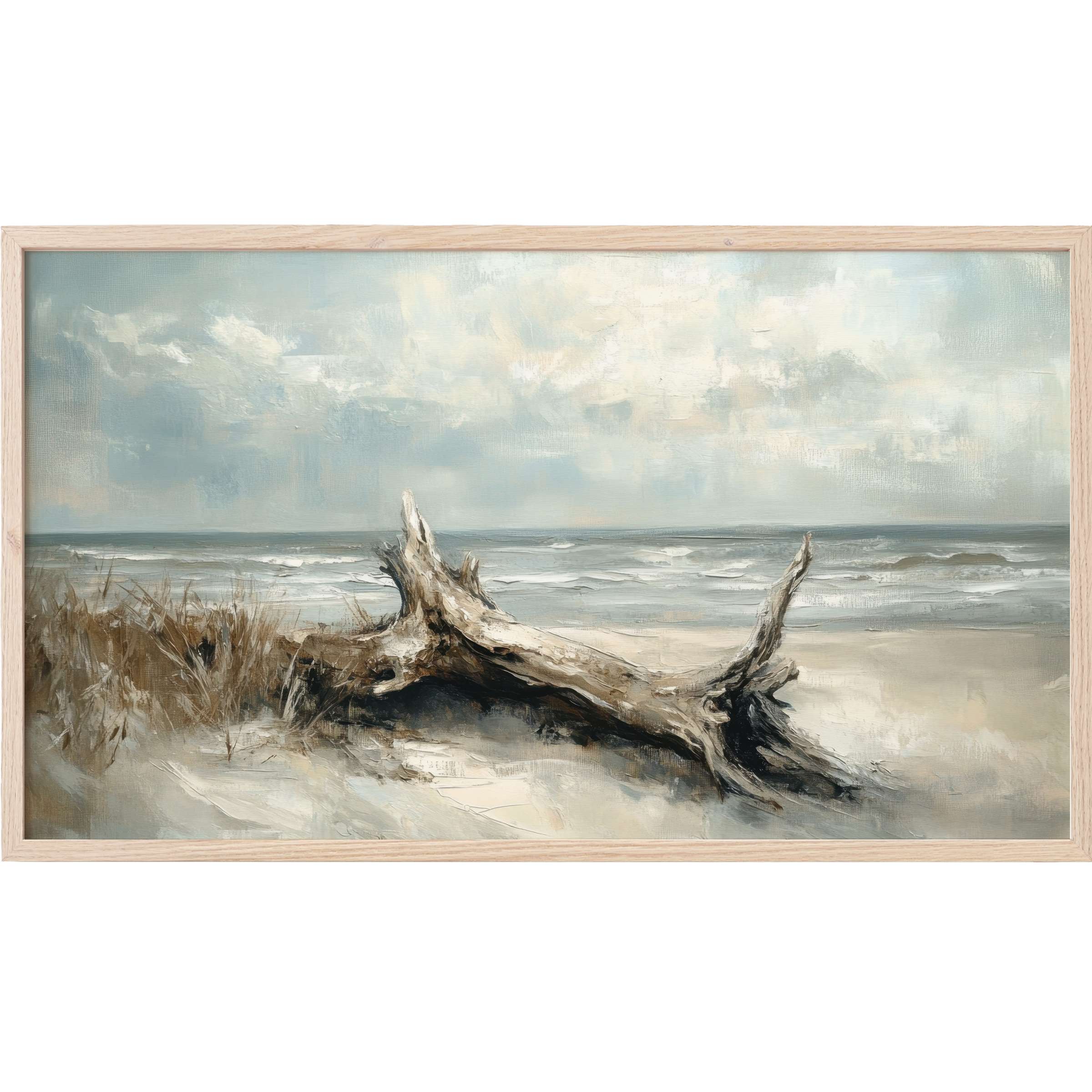 Coastal Frame TV Art featuring serene driftwood on a muted sandy beach with soft blues and grays in a modern, elegant style