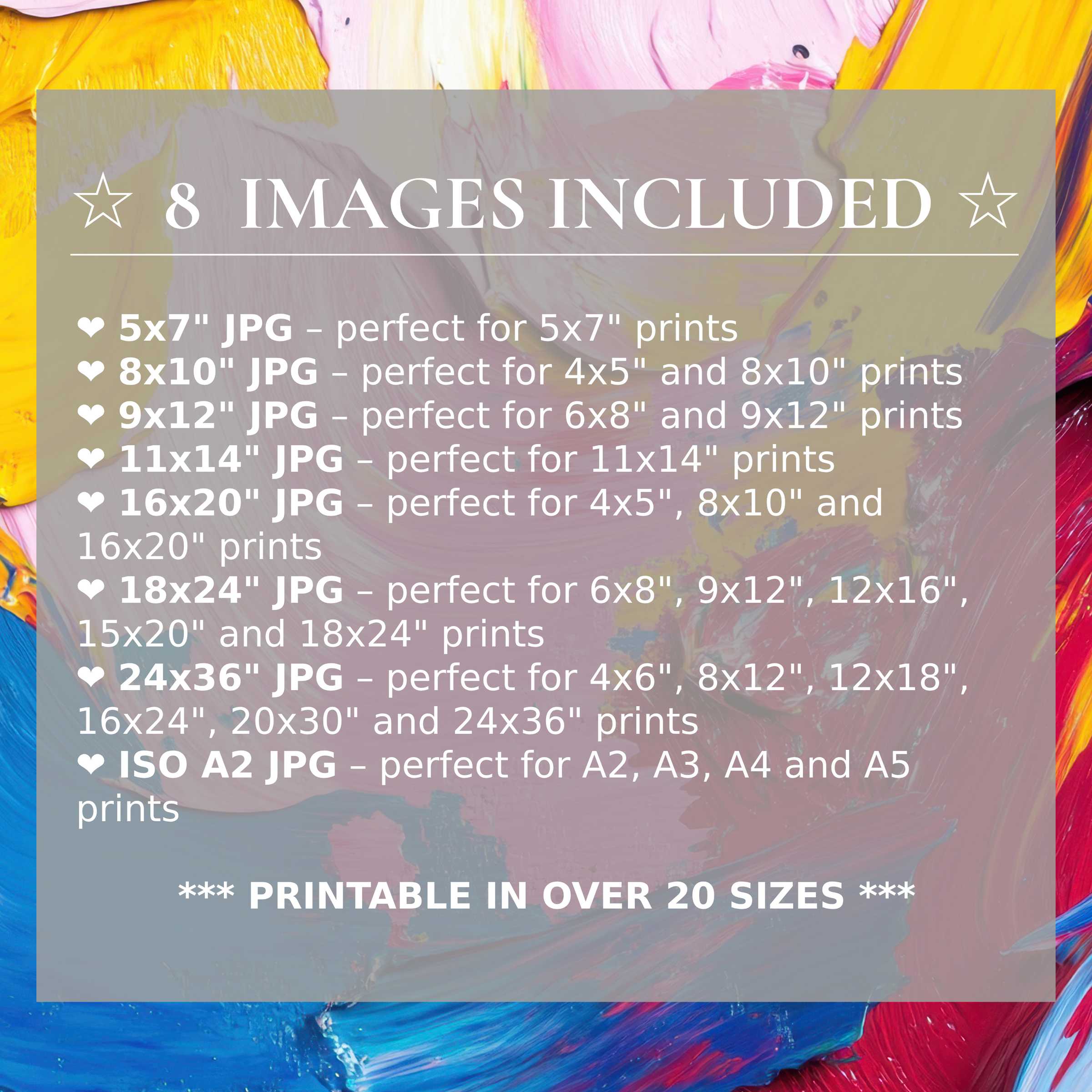 Radiant abstract digital print infused with bold yellows, pinks, and blues, elevating modern interiors with 8 included high-res sizes