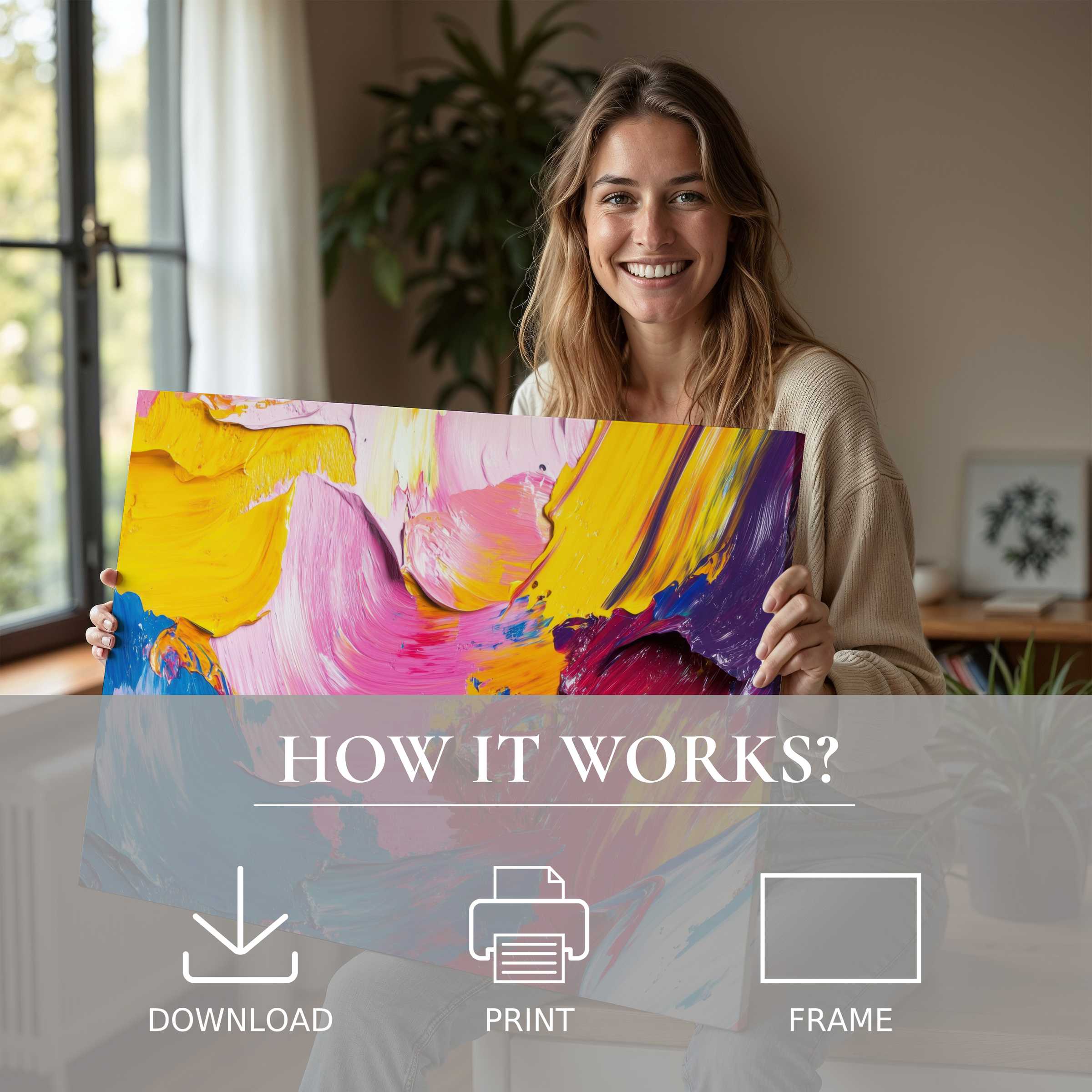 Bright abstract digital art print radiates joy and connection in a serene, stylish home setting, inspiring effortless elegance