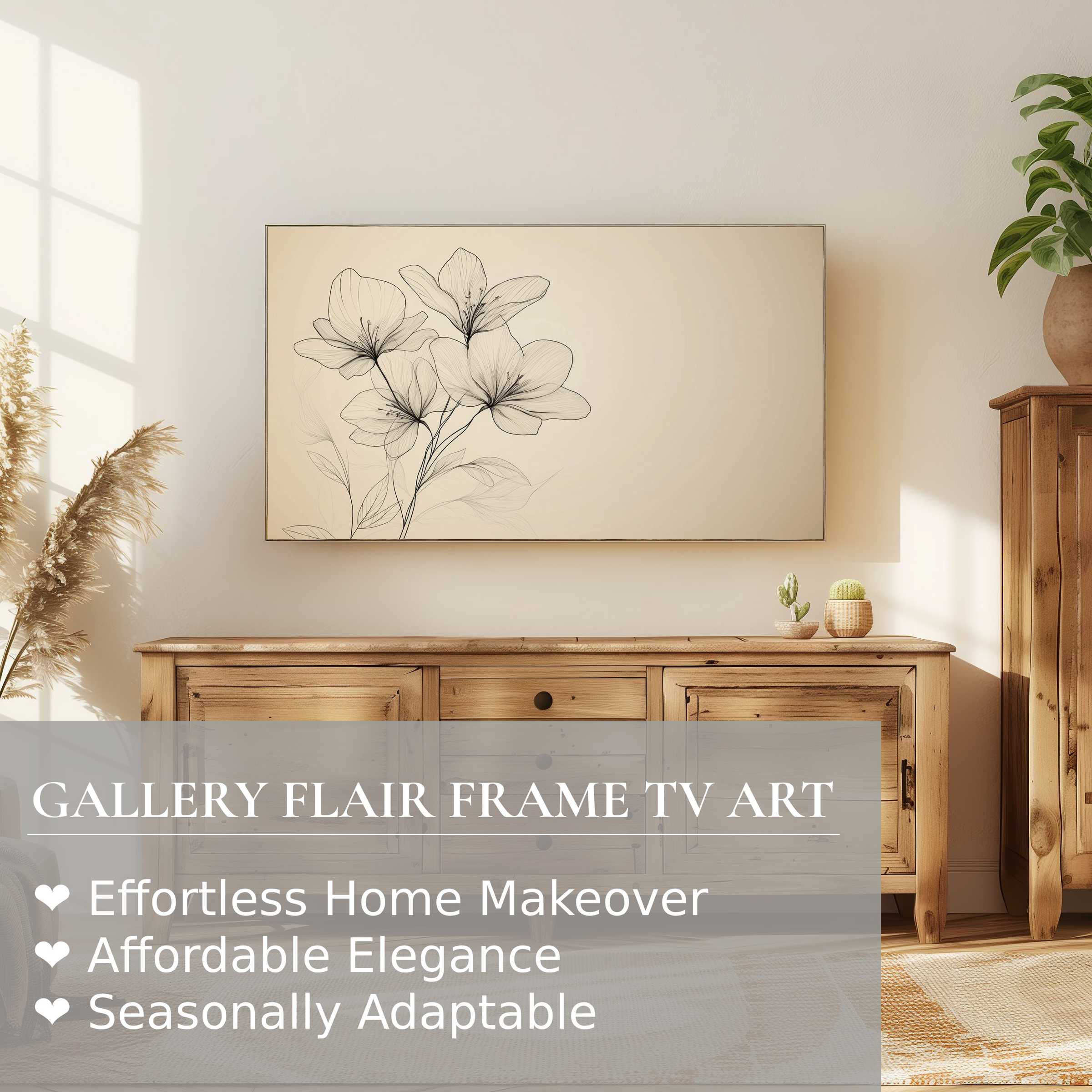 Samsung Frame TV displaying delicate floral digital artwork in a warm, minimalist, modern living space