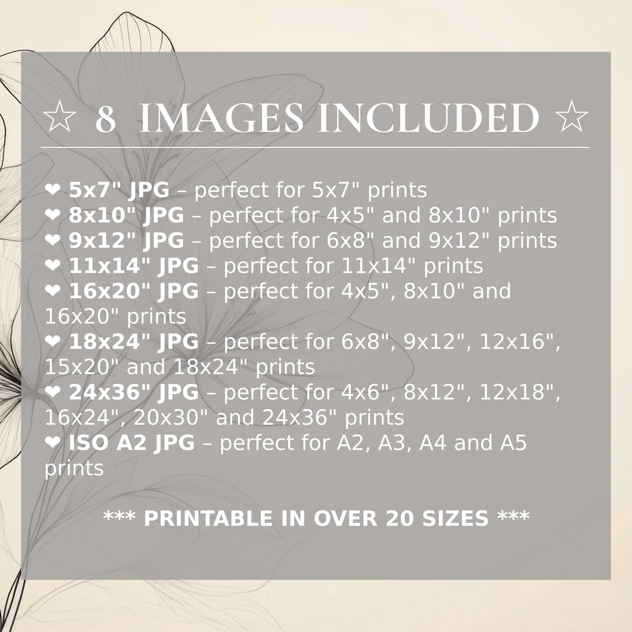 Elegant floral digital print radiates soft beige and charcoal hues, elevating modern interiors with calming sophistication Includes 8 high-quality sizes for effortless style and versatile display