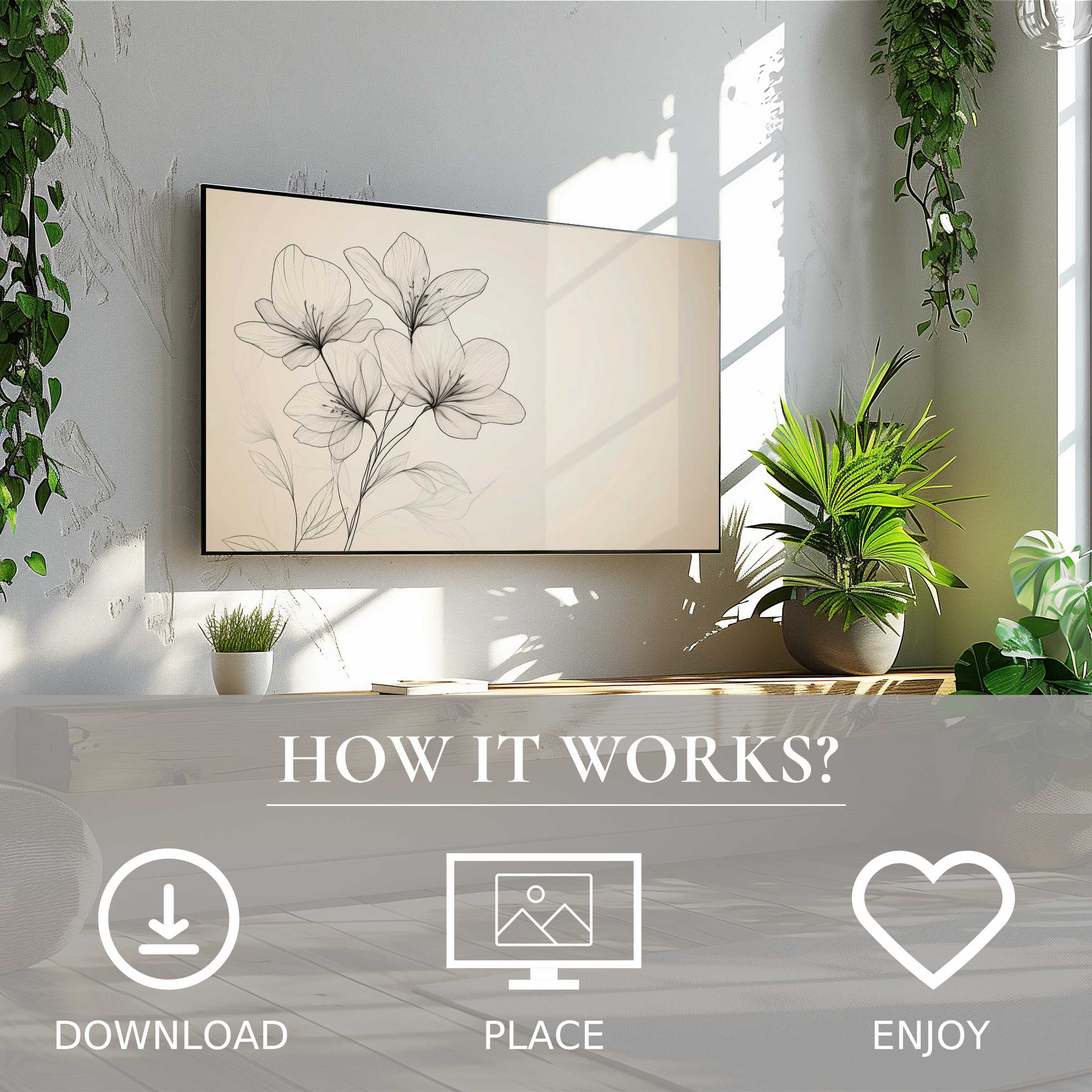 Floral art for Samsung TV with delicate linework, easy digital download enhances modern living spaces effortlessly