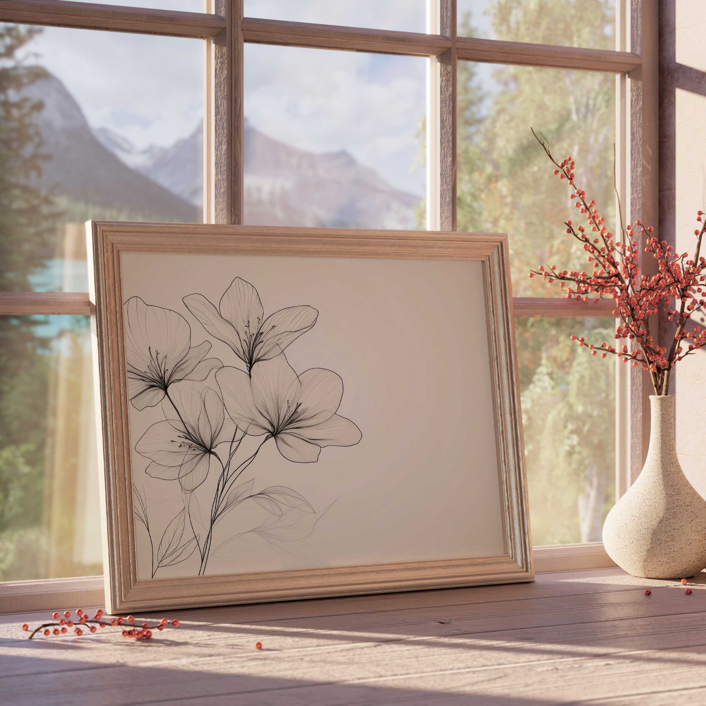 Delicate floral downloadable art in soft black lines, enriching serene, design-forward interiors with timeless botanical elegance