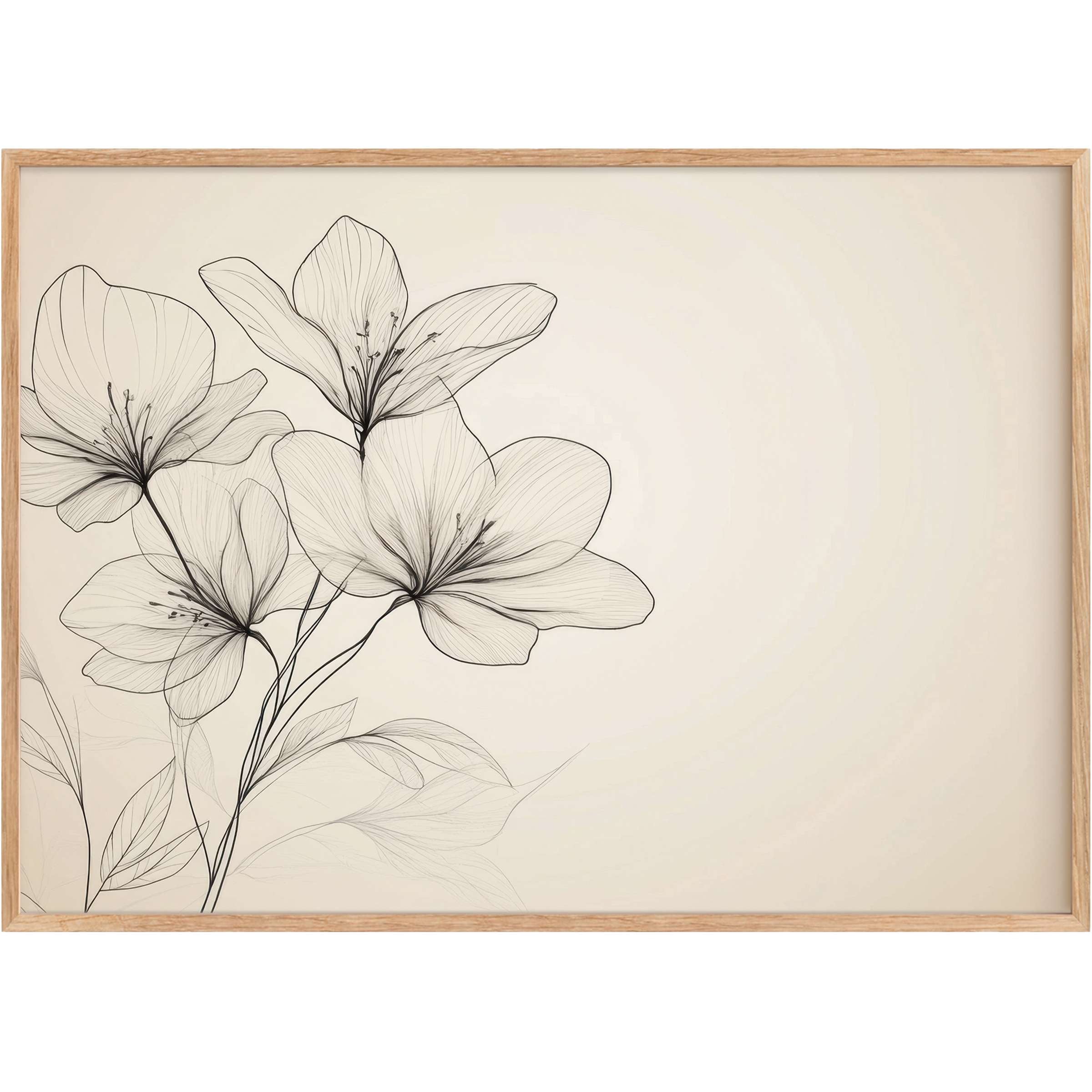 Ethereal floral printable wall art featuring delicate black line blossoms on soft beige, evoking serene elegance and refined tranquility