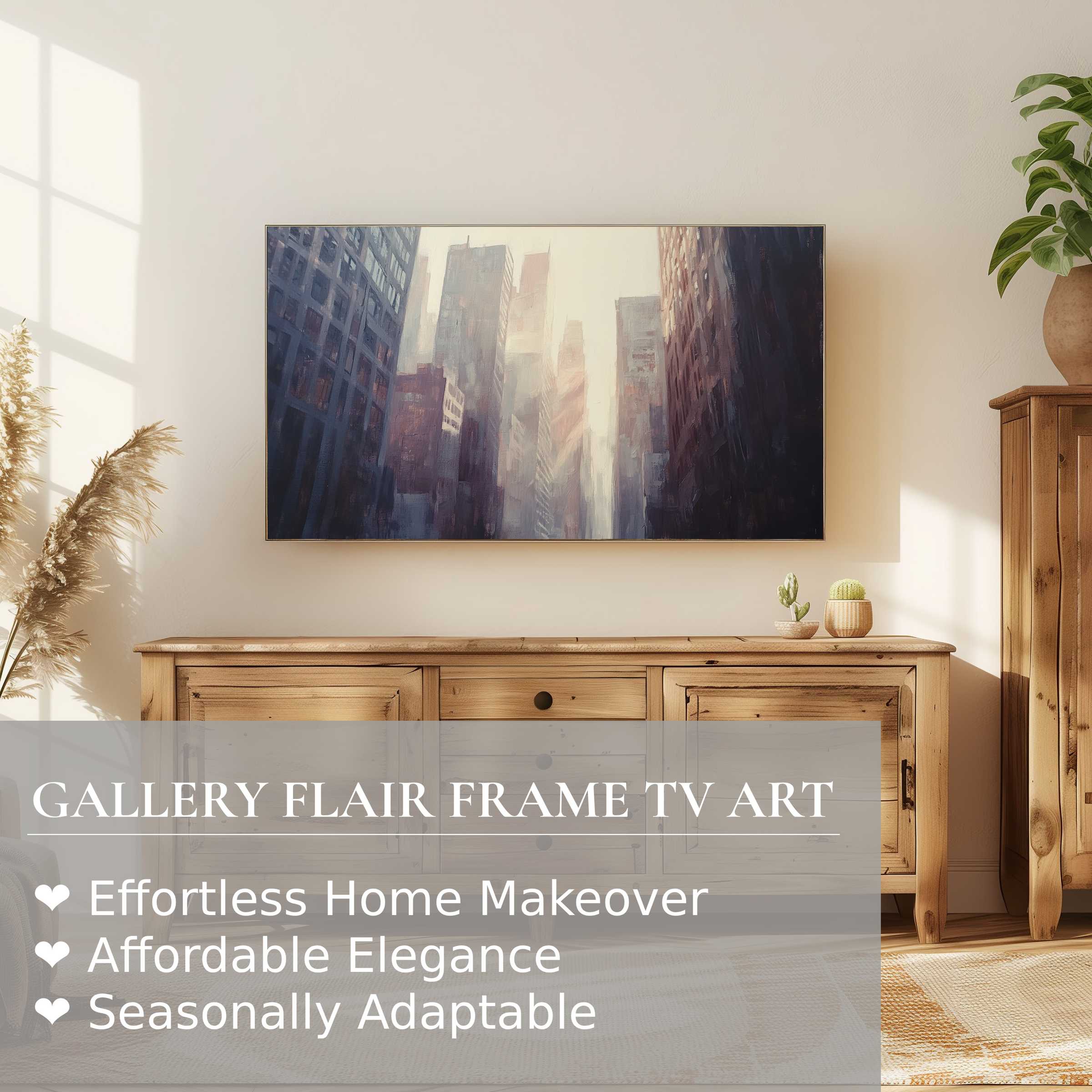 Samsung Frame TV displaying urban digital artwork of moody skyscrapers, enhancing a modern, elegant living space