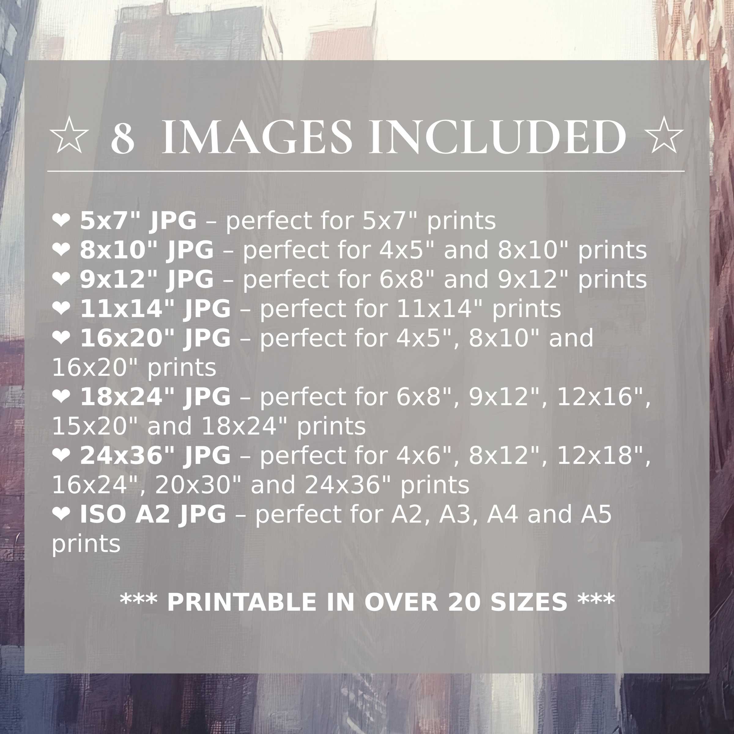 Elevate modern spaces with this radiant urban digital print, featuring muted blues and soft reds in 8 high-quality sizes included