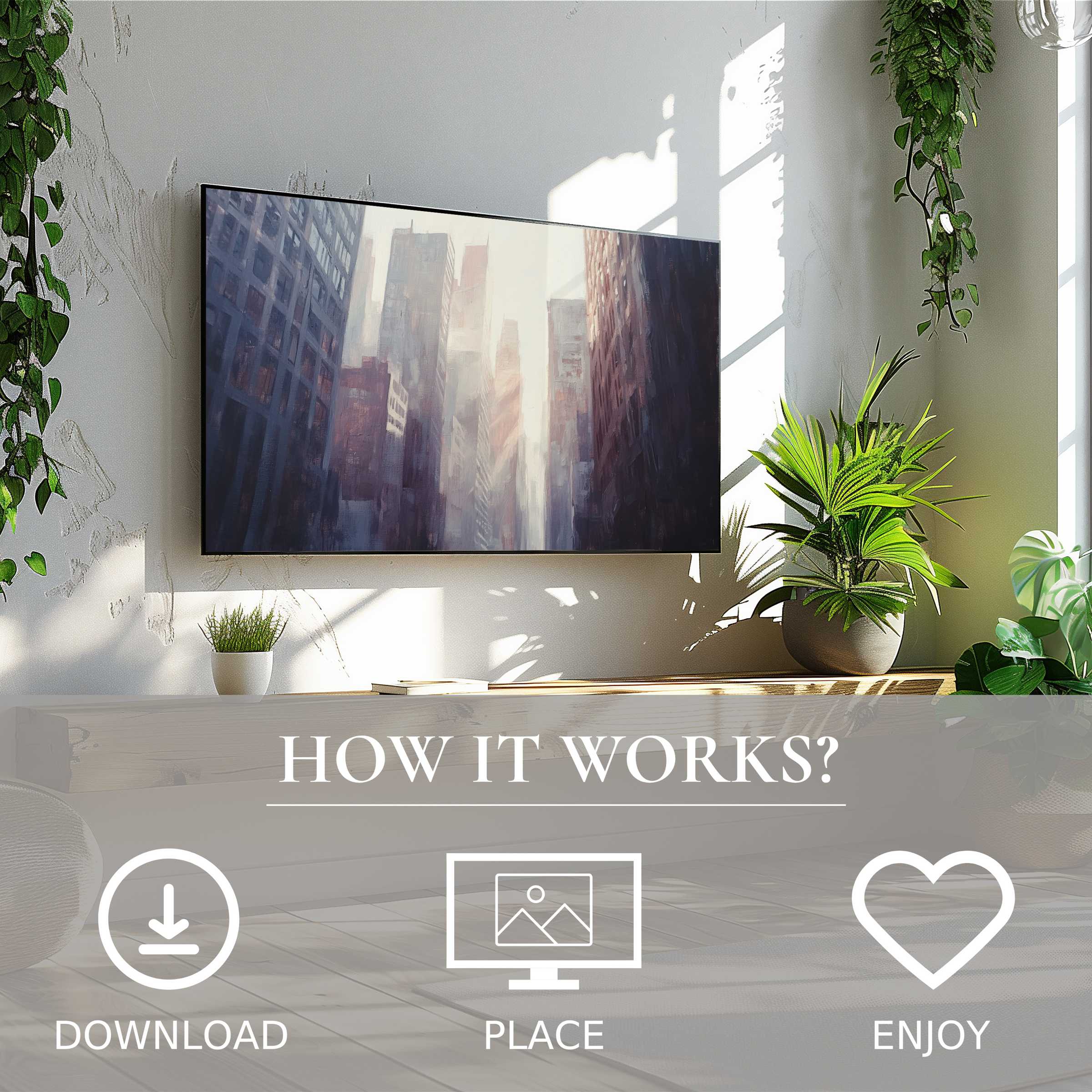 Bright living room with plants, easy digital download; urban art for Samsung TV shows soft sunrise cityscape motif