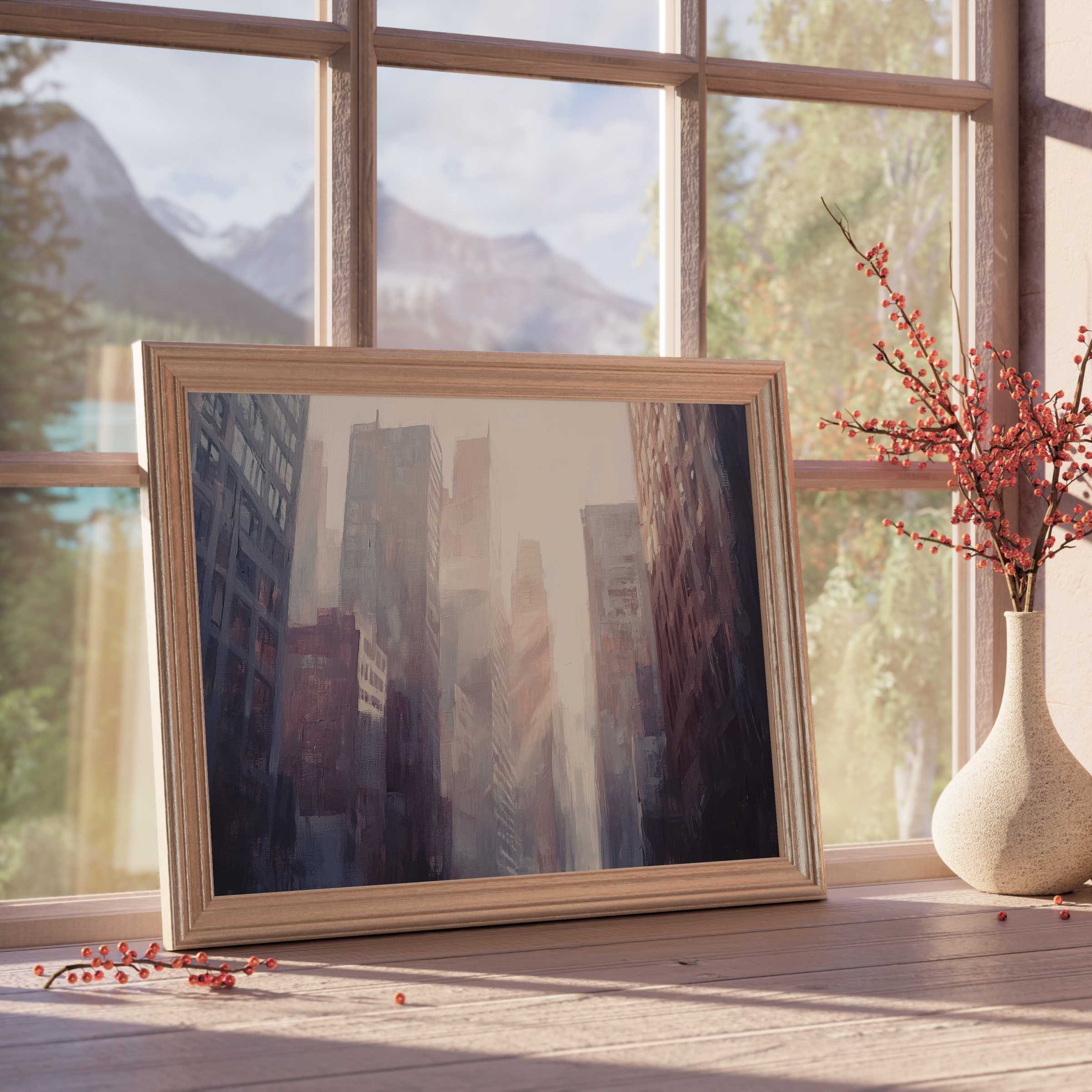 Urban downloadable art capturing a serene cityscape in mist, framed for tranquil, refined modern interiors with luxe vibes