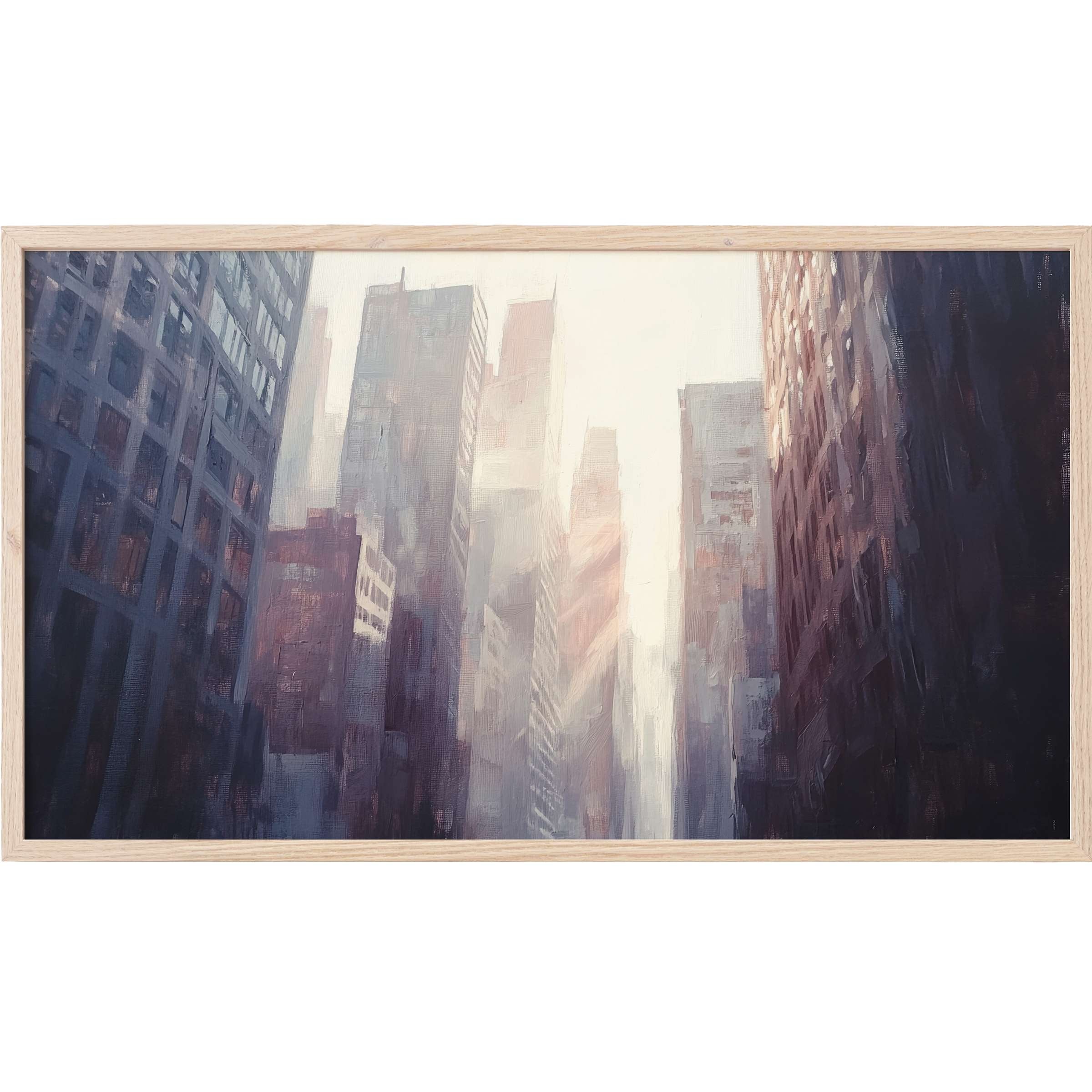 Softly lit cityscape in muted purples and creams, embodying elegance and depth in urban Frame TV Art style