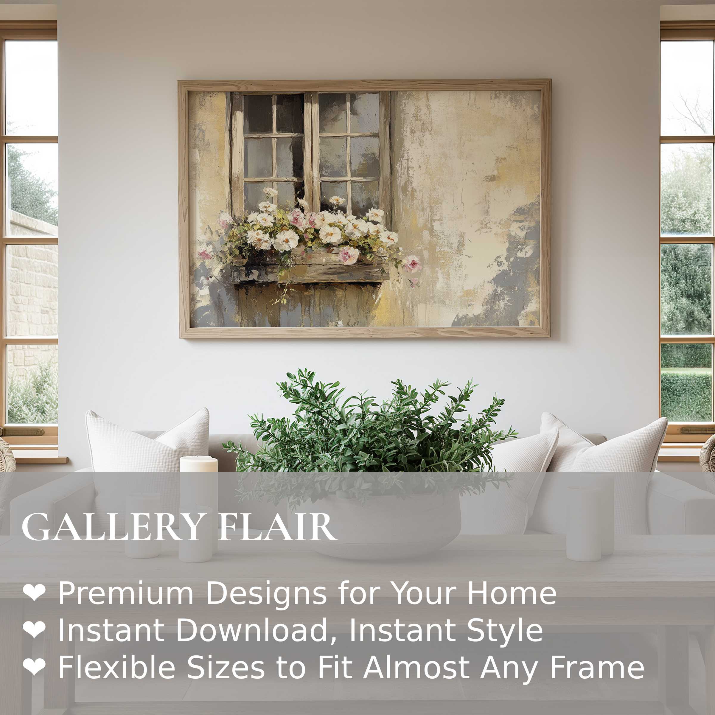 Farmhouse wall art print featuring soft florals on a rustic window, enhancing serene modern farmhouse interiors with timeless charm
