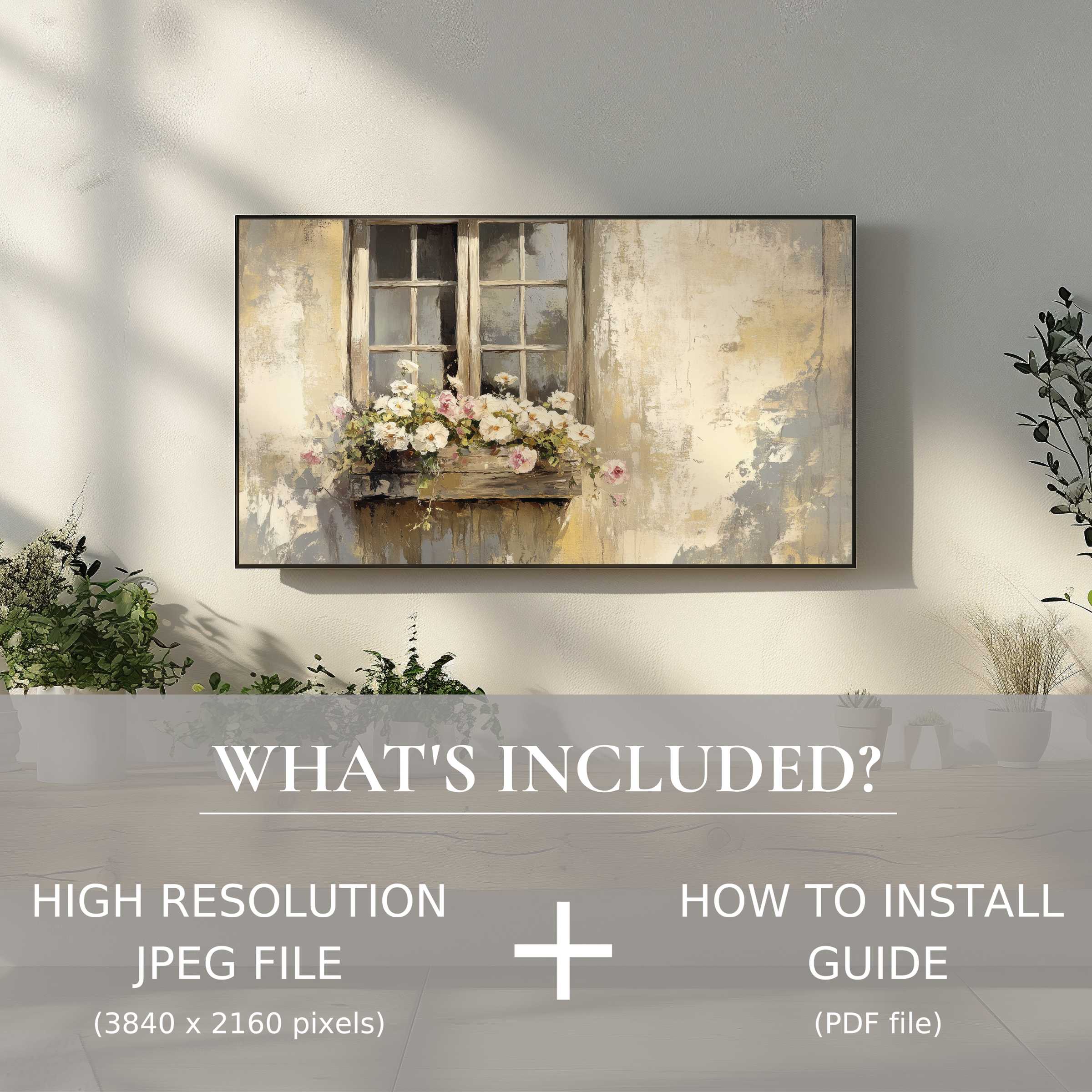 Elegant farmhouse digital TV art download enhances living spaces with easy digital use and refined floral window design
