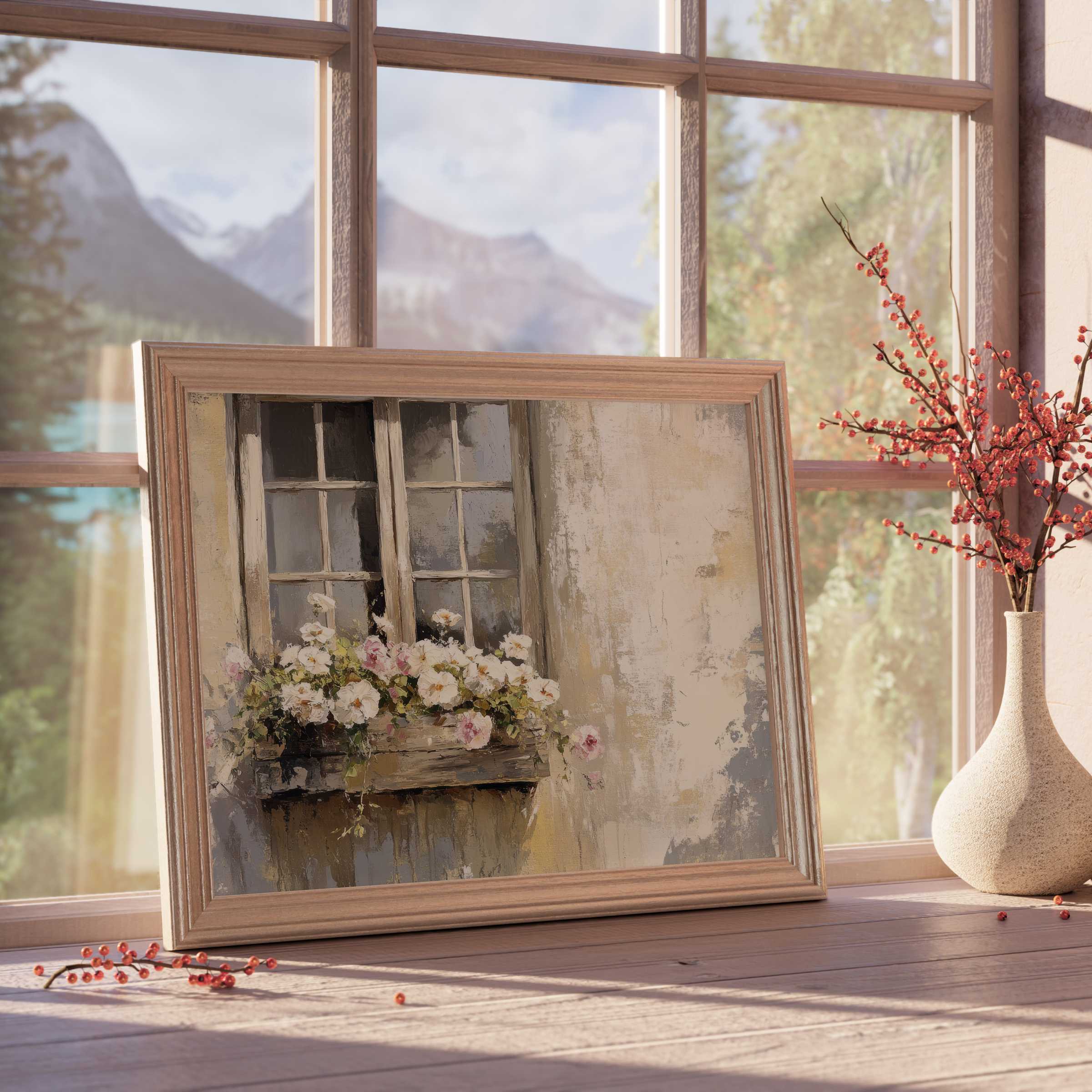 Farmhouse downloadable art capturing rustic window charm with blooming florals, infusing serene warmth into elegant interiors