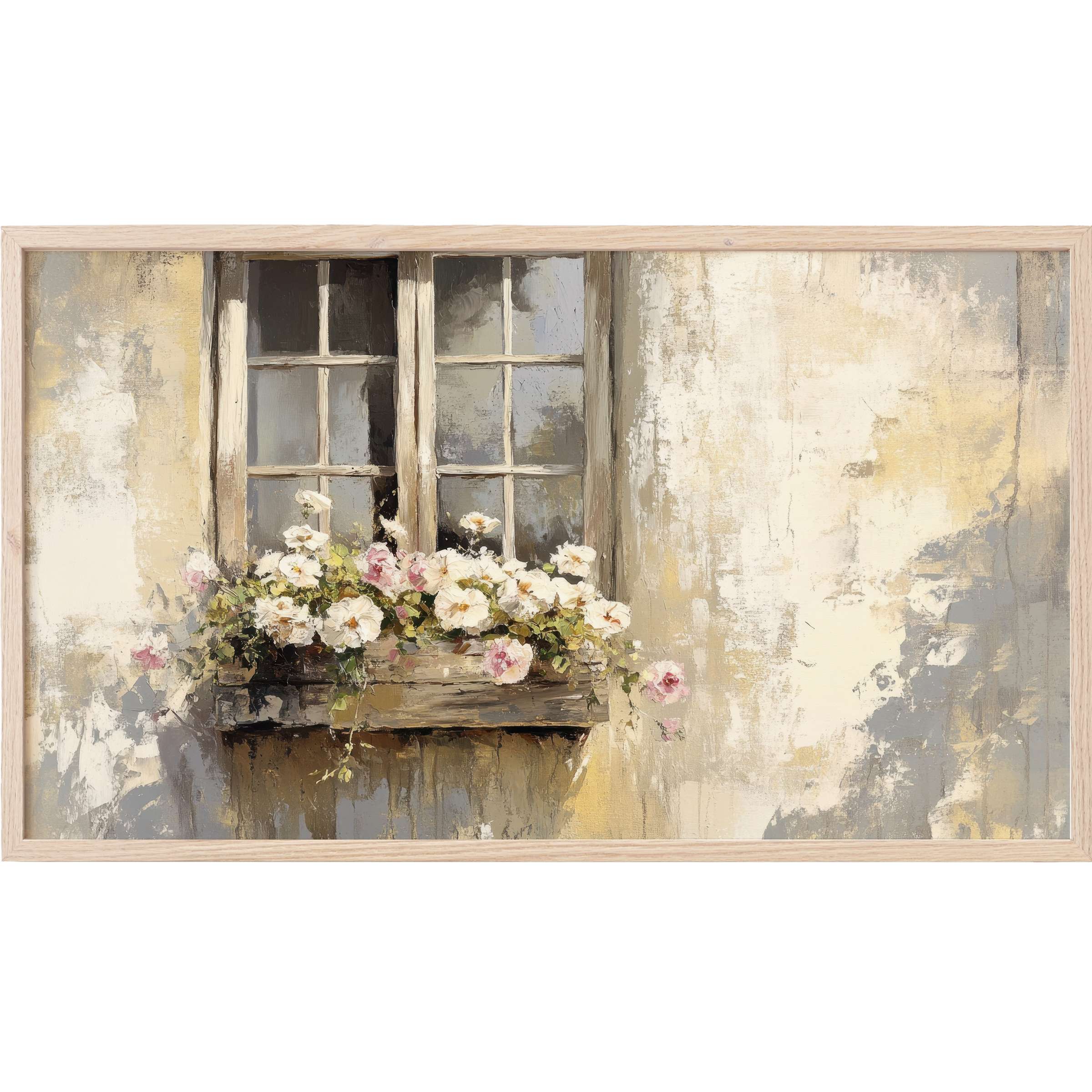 Farmhouse Frame TV Art shows a rustic window with soft pastel blooms in a textured, muted beige and gray palette