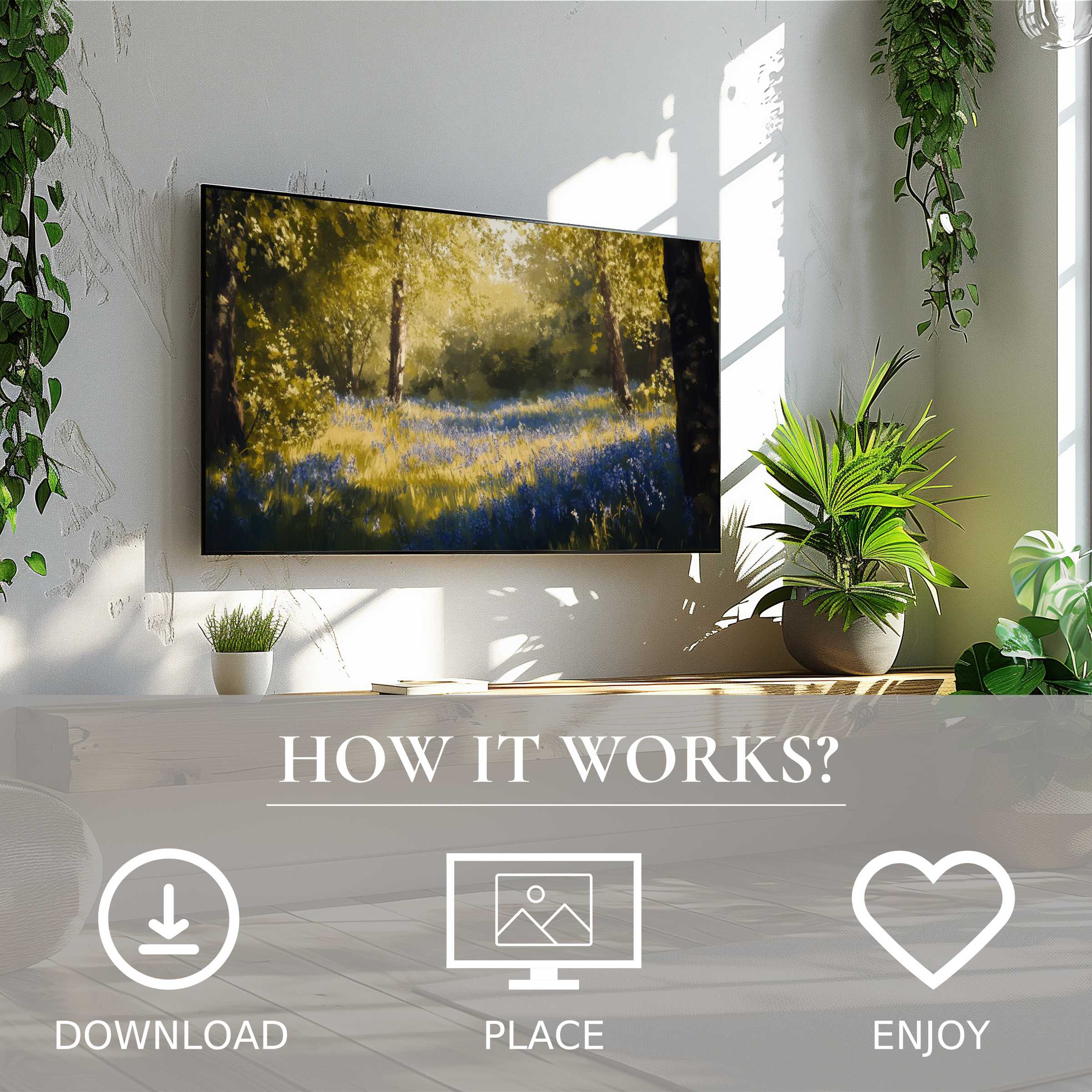 Spring art for Samsung TV shows soft sunlight over bluebells, simple digital download enriches stylish living spaces