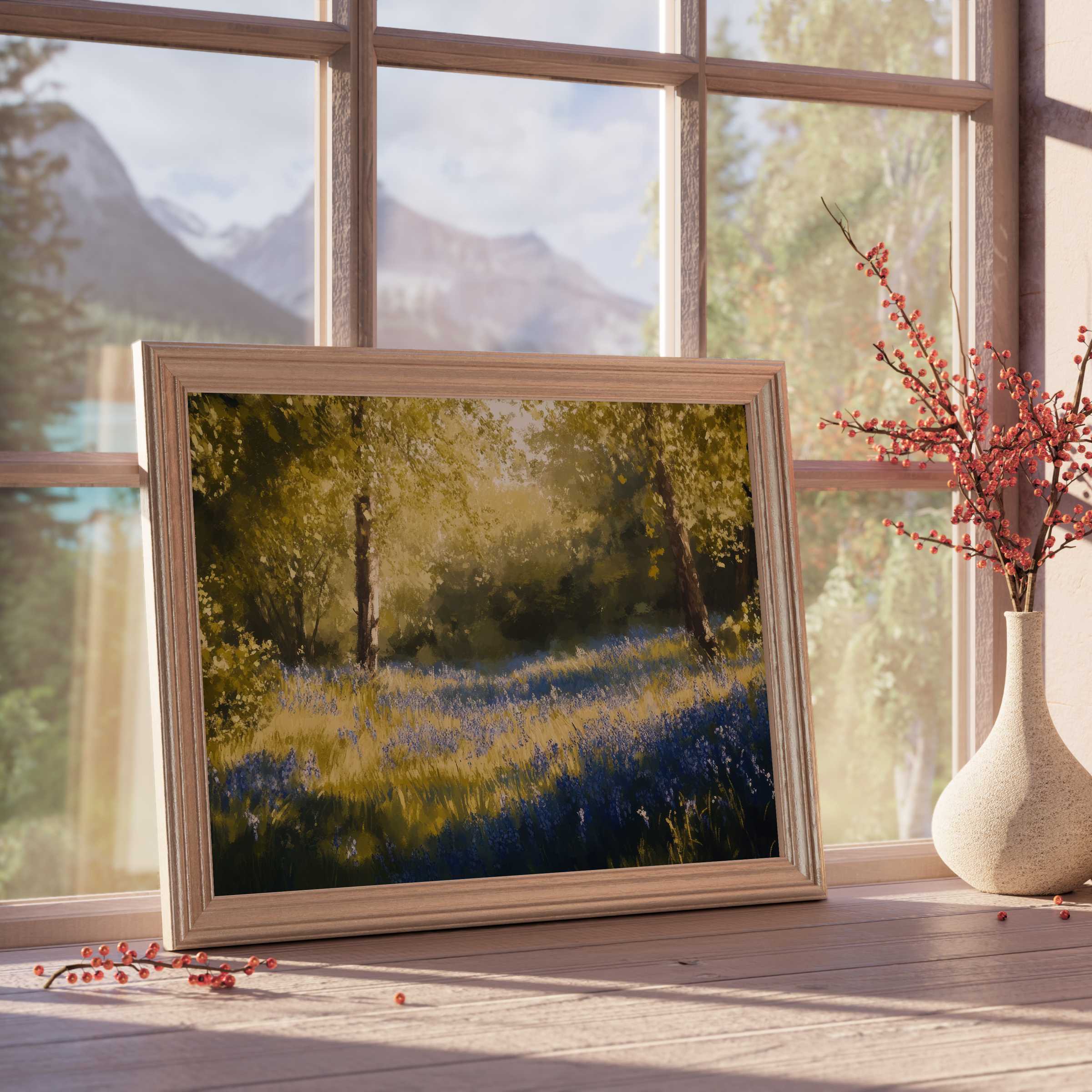 Spring downloadable art capturing a serene wildflower meadow bathed in soft golden light, perfect for tranquil, stylish interiors