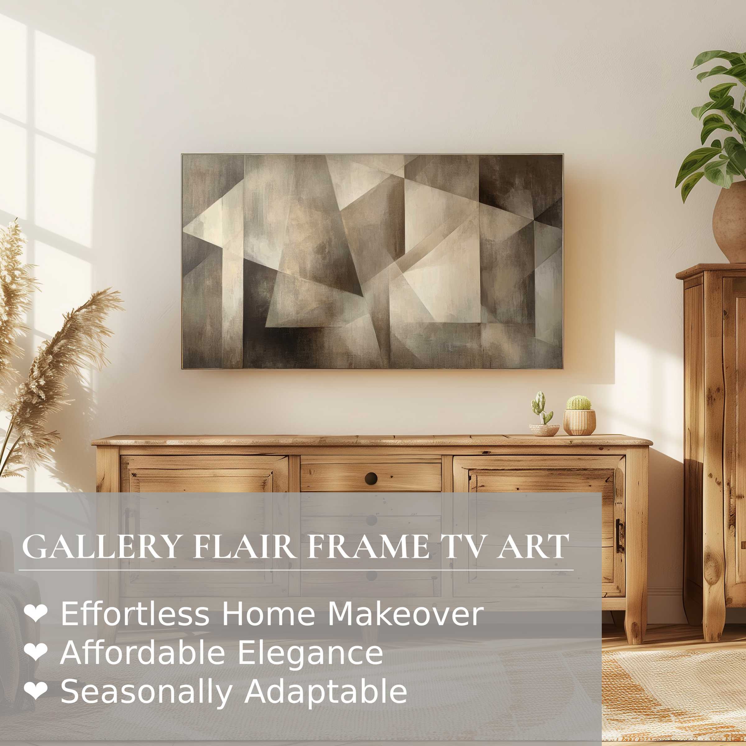 Stylish living room with Samsung Frame TV showcasing minimalist digital artwork in neutral tones, perfect for refined decor
