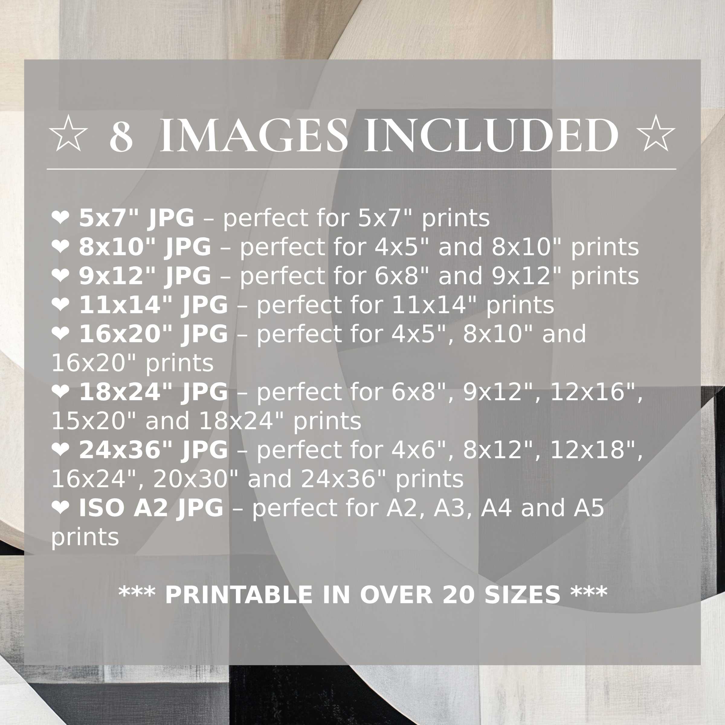 Neutral digital print in calming beige, soft gray, and muted black hues, elevating modern interiors with radiant style and 8 high-quality sizes included