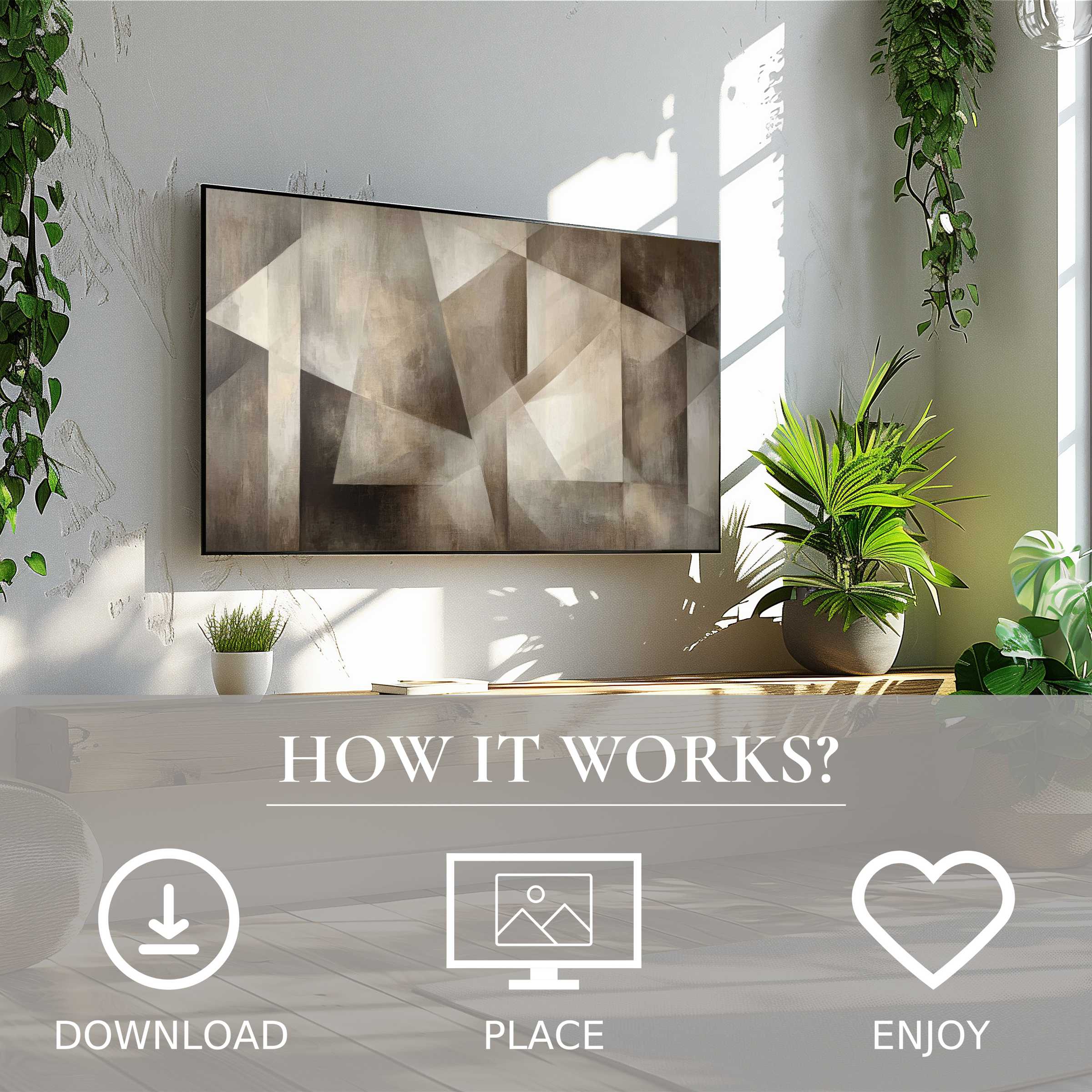 Minimalist art for Samsung TV shows soft neutral geometric tones, easy digital download enriches modern living spaces