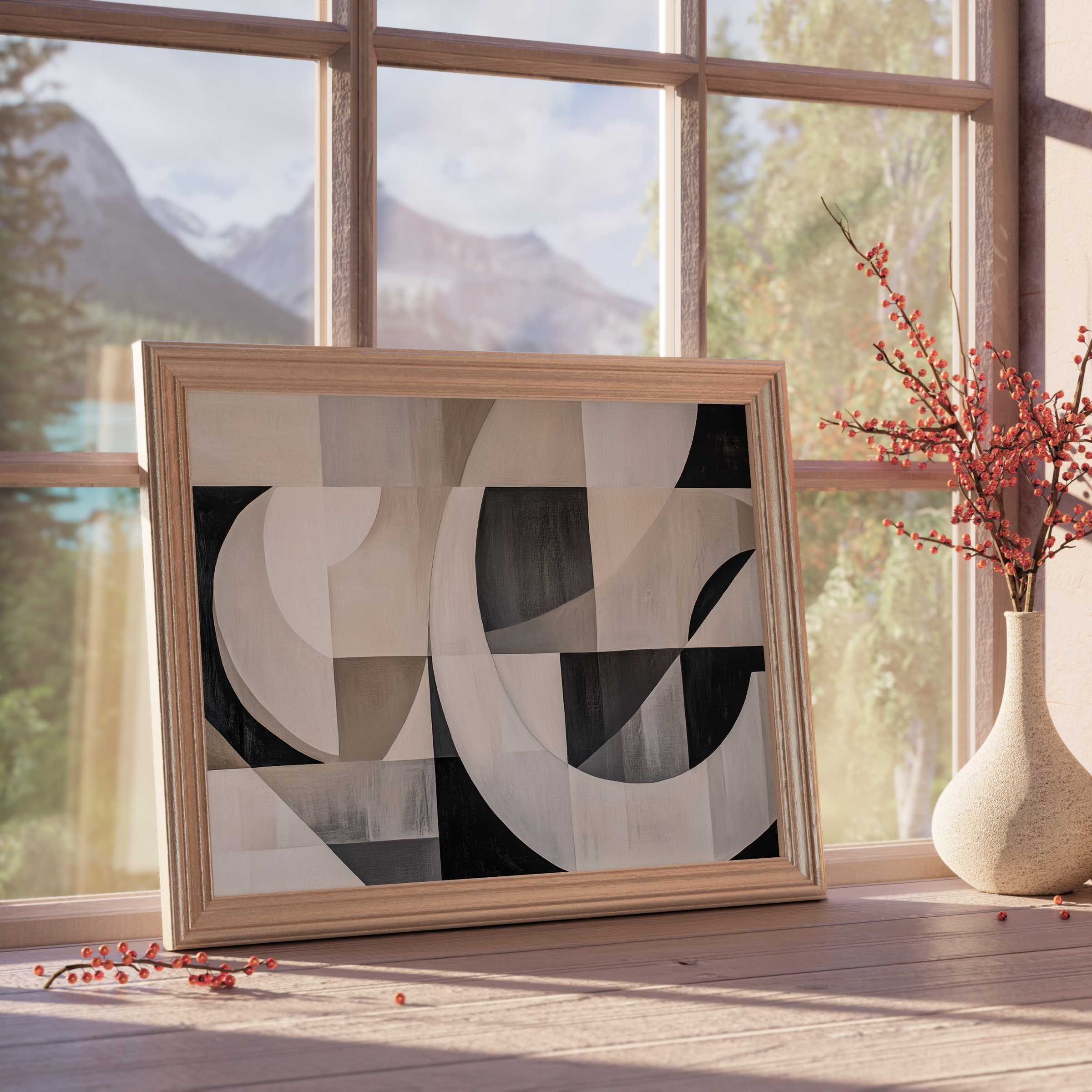 Neutral downloadable art featuring soft geometric shapes in muted beige and black tones, elevating tranquil, curated interiors with refined minimalism and timeless elegance