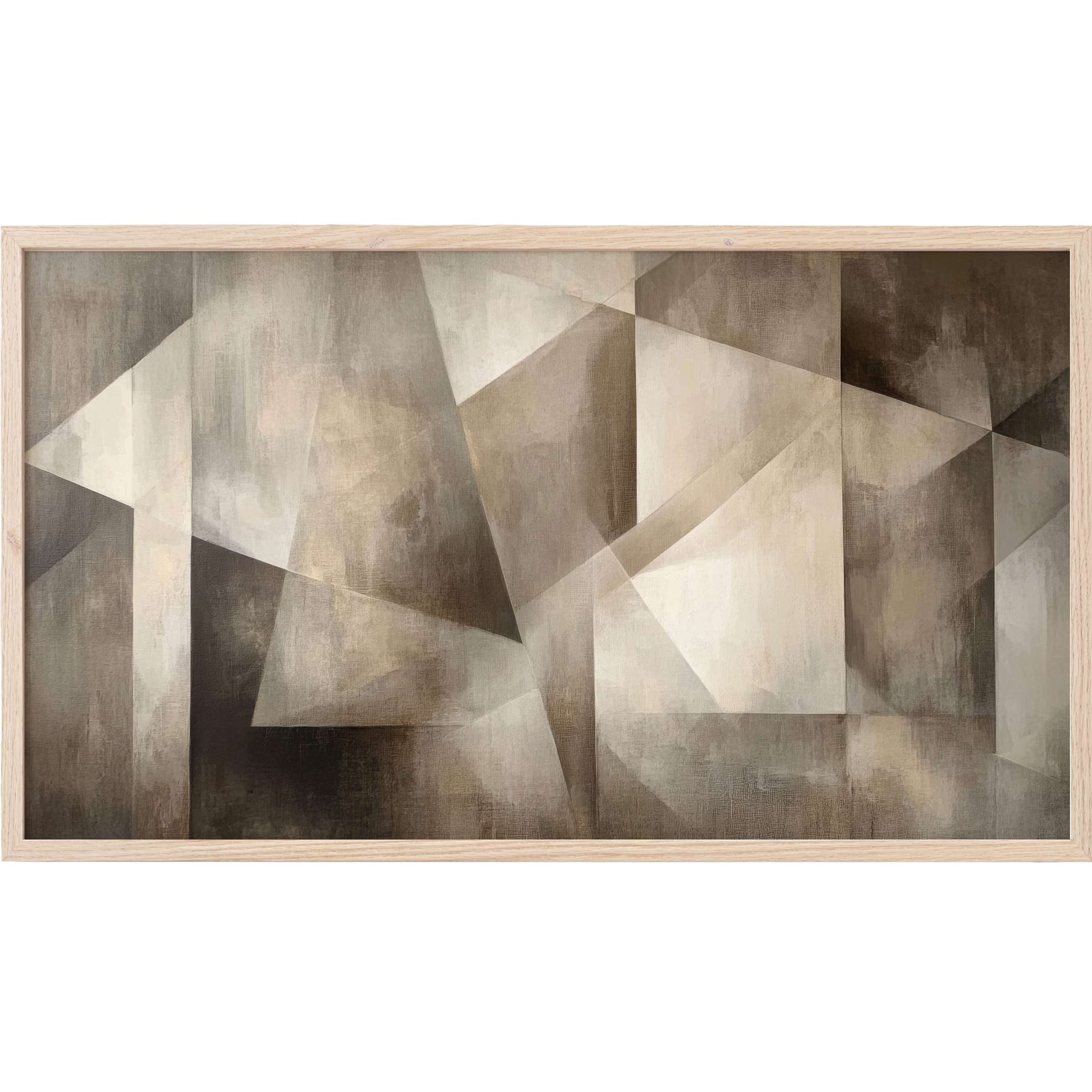 Muted earth tones form layered geometric shapes in this minimalist Frame TV Art with a sleek modern wooden frame