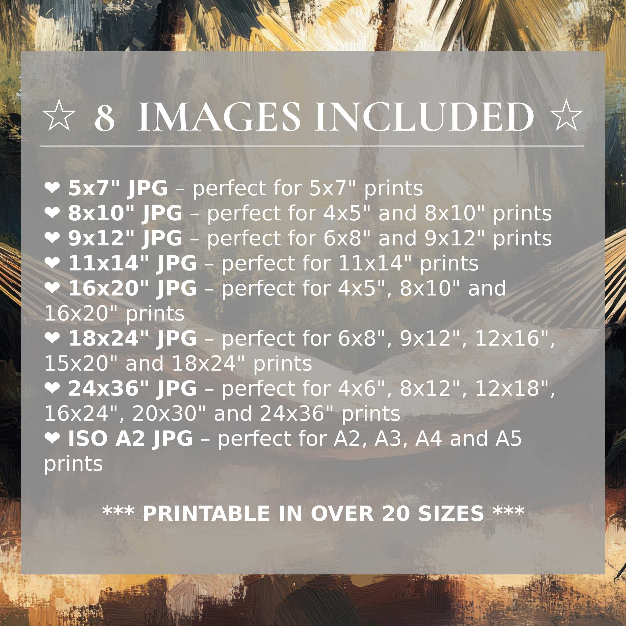 Radiant beach digital print in warm golds and deep blues, delivering calming coastal elegance in 8 high-quality sizes included