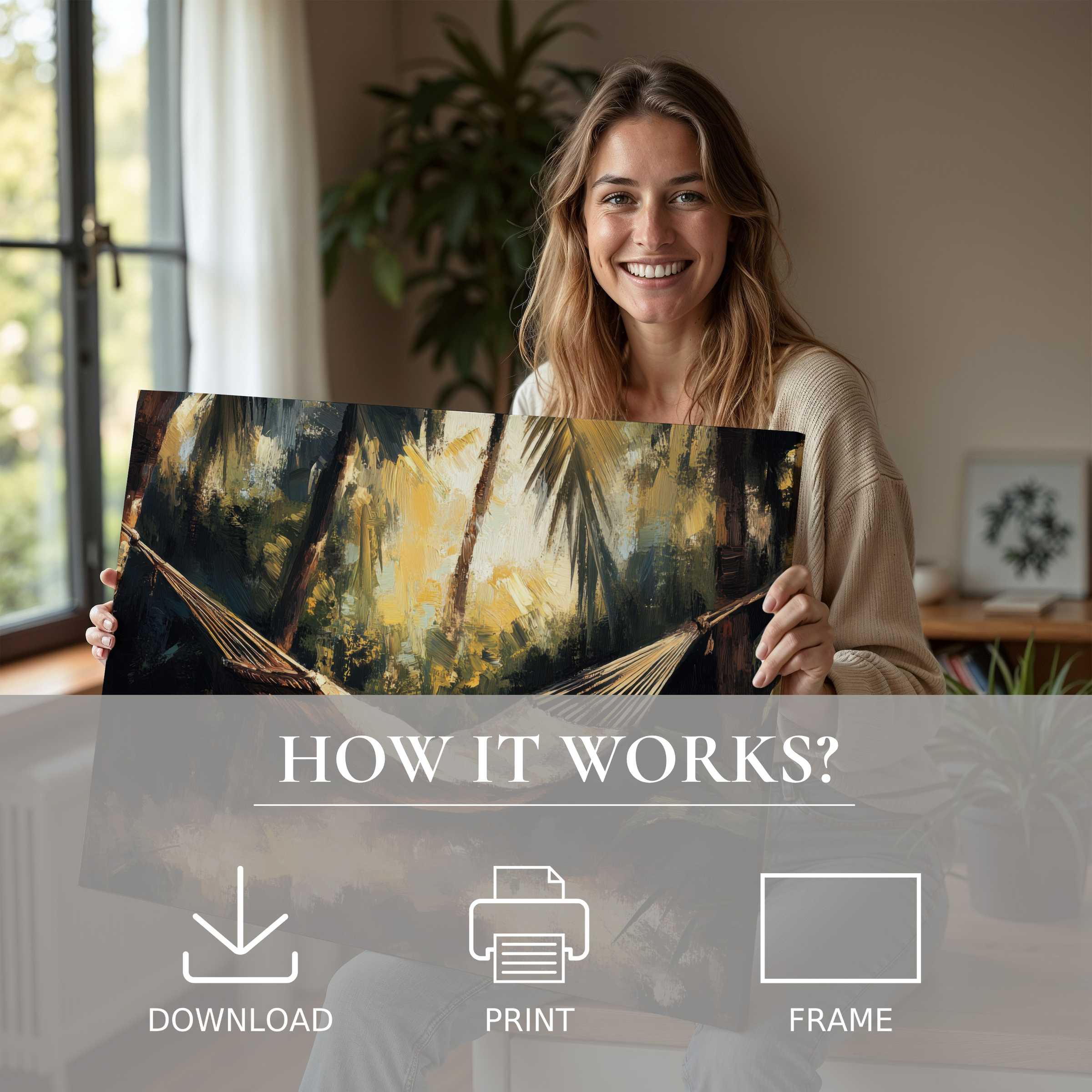 Joy radiates in a modern home as a woman shares a beach digital art print, evoking calm and effortless elegance