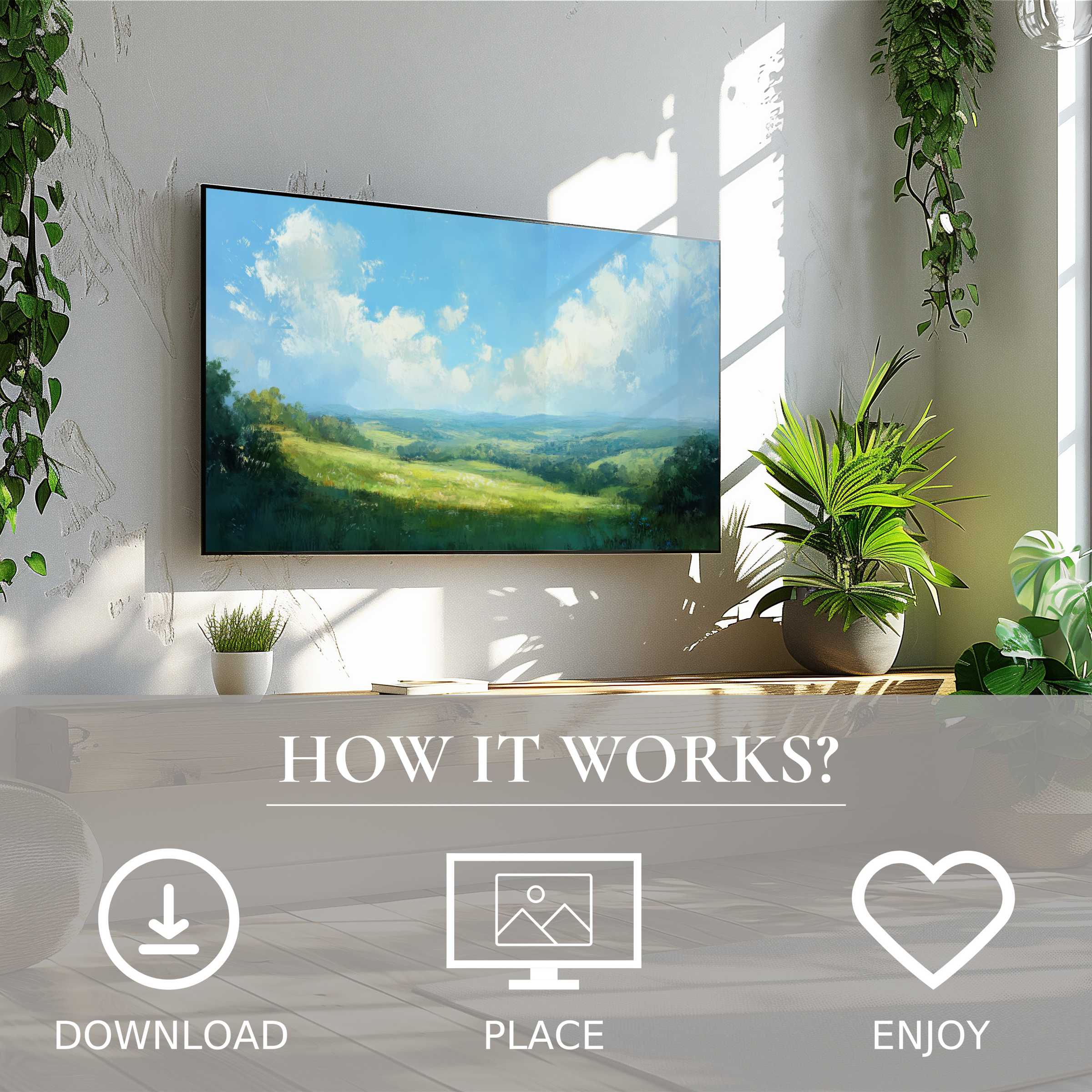 Modern living room with vibrant landscape art for Samsung TV, soft blue-green hills, easy digital download to enrich space