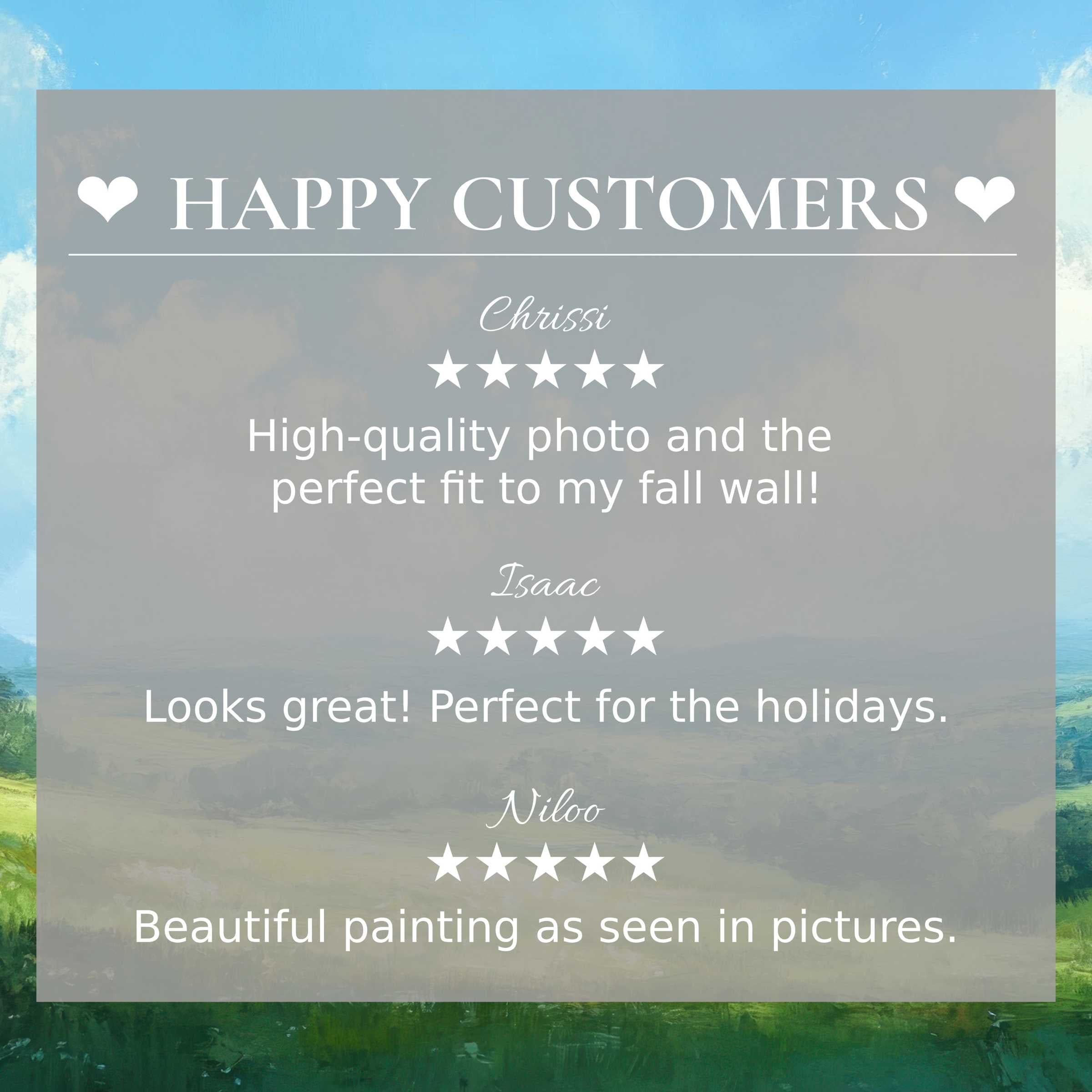 Happy customer reviews overlay serene landscape art for Frame TV, inspiring trust with elegant, quality home decor appeal
