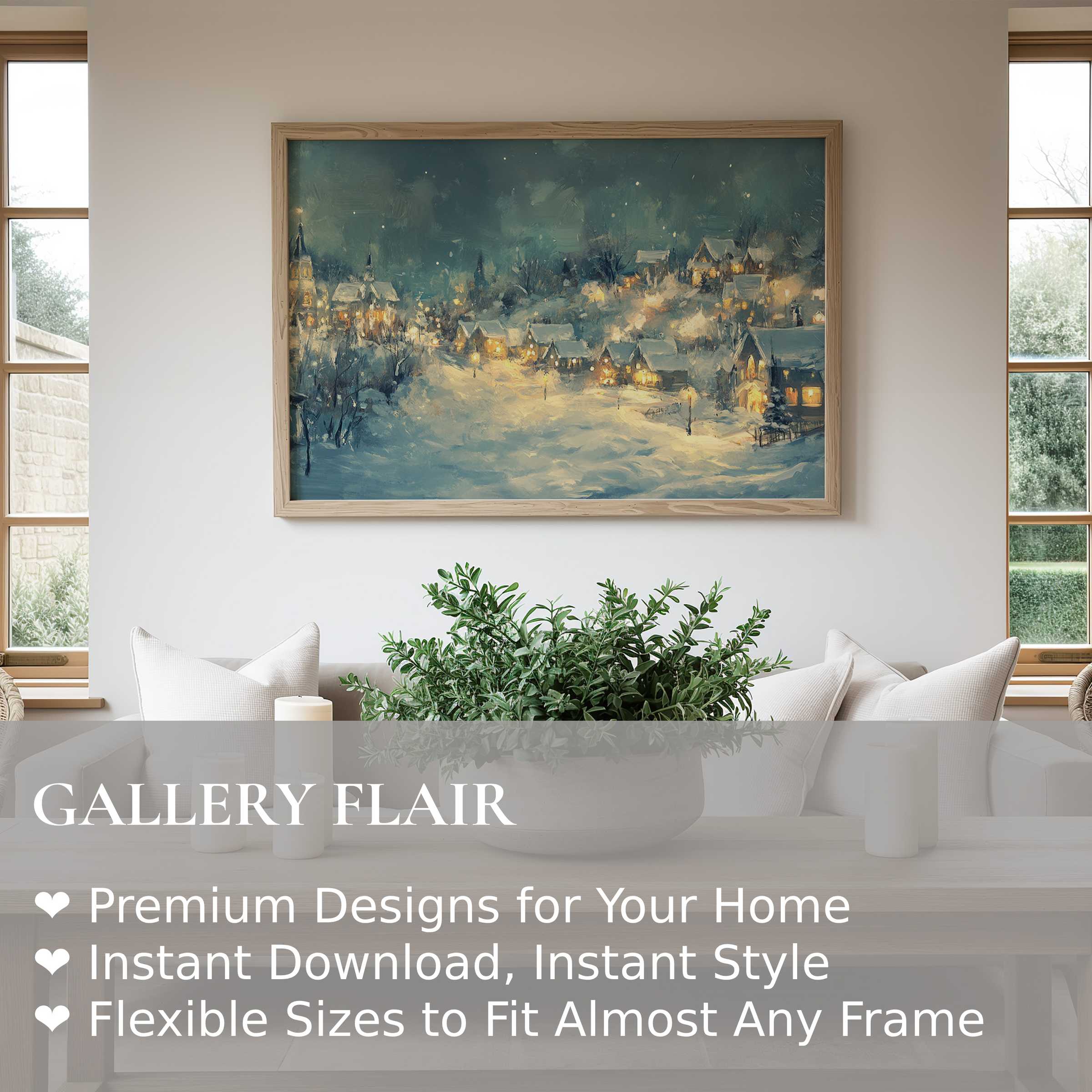 Christmas wall art print capturing a serene snowy village aglow with warm lights, enhancing modern Scandinavian interiors with cozy elegance