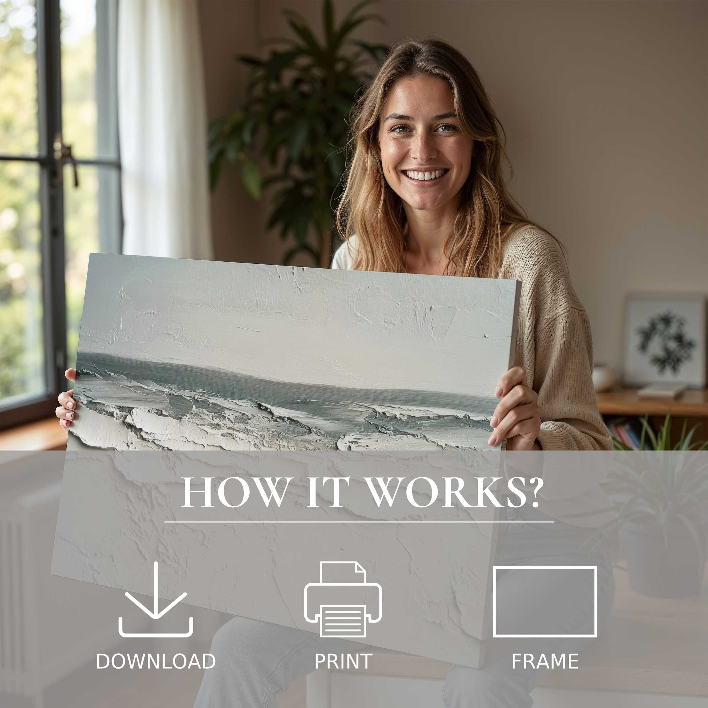 Radiant smile illuminates a modern home as she embraces the effortless joy of a summer digital art print’s serene abstract beauty