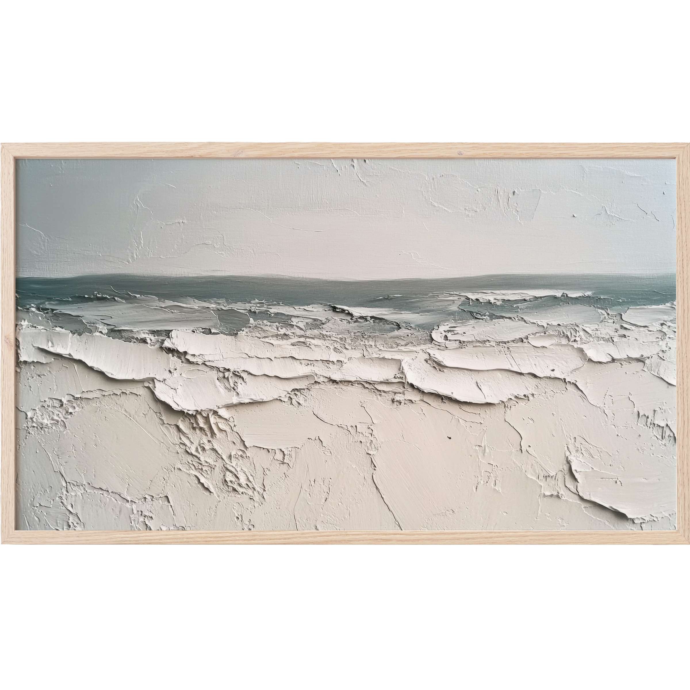 Textured, muted seascape with layered whites and soft blues in elegant summer Frame TV Art style