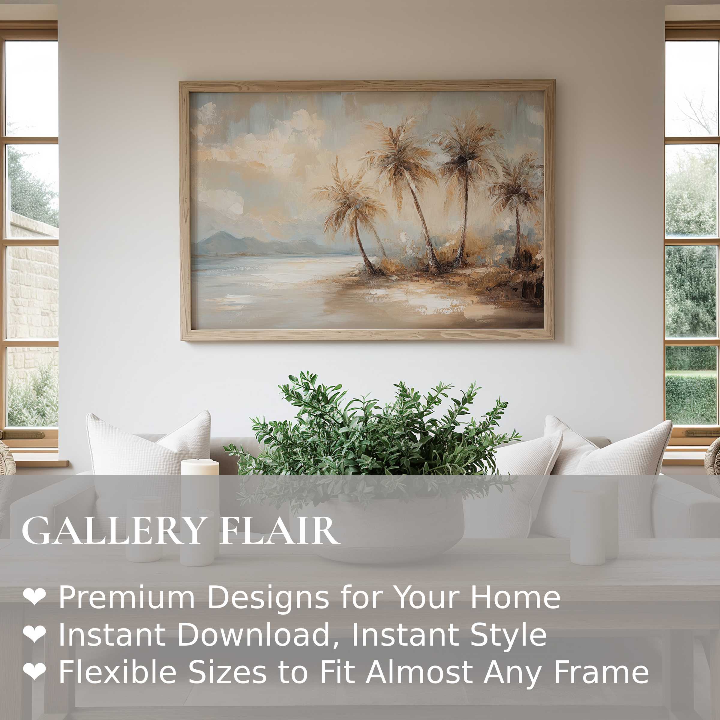 Vintage wall art print capturing serene palm trees by the shore in muted earth tones, enhancing minimalist coastal interiors with warm, calming elegance