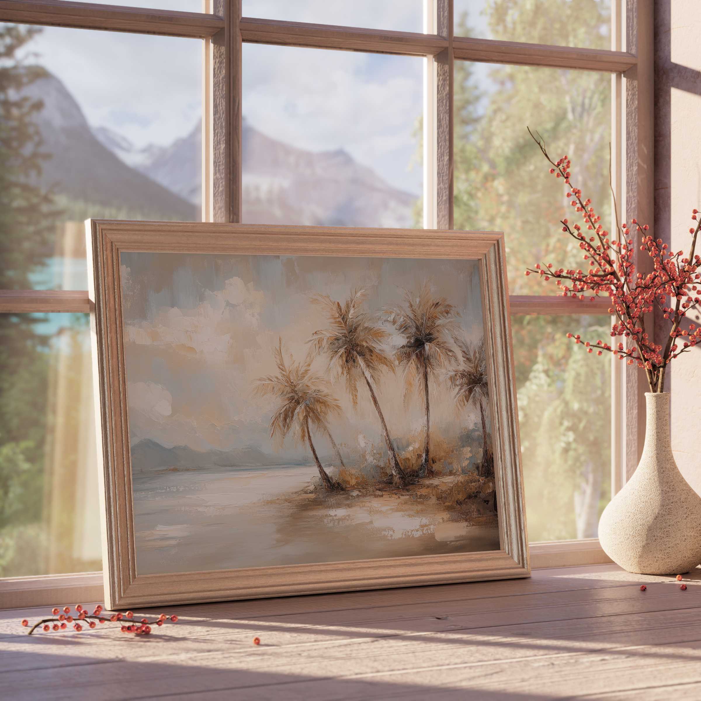 Vintage downloadable art of serene palm trees at sunset, enhancing curated interiors with warm, tranquil coastal elegance