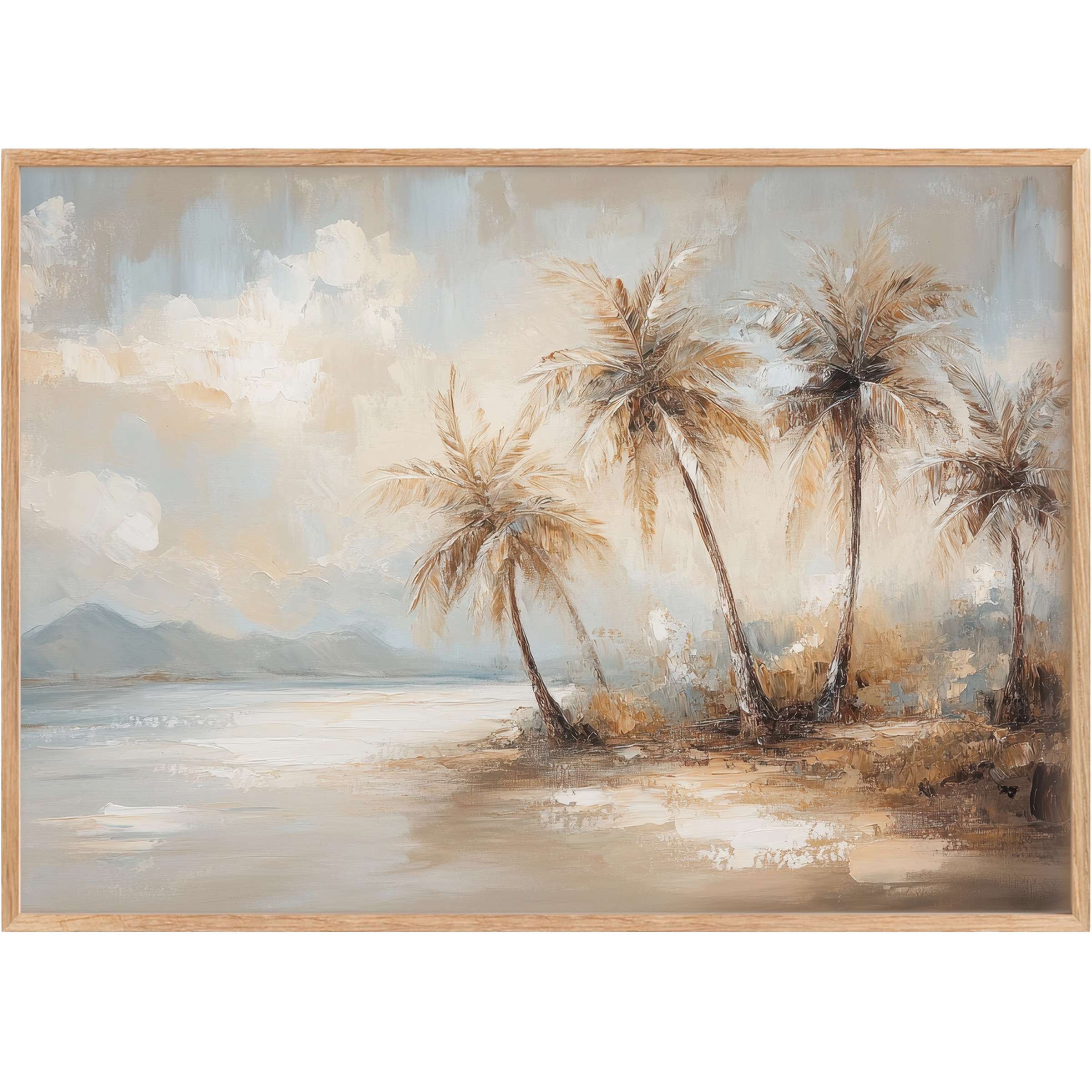Vintage printable wall art featuring serene palm trees in soft beige and blue tones, evoking a calming coastal elegance