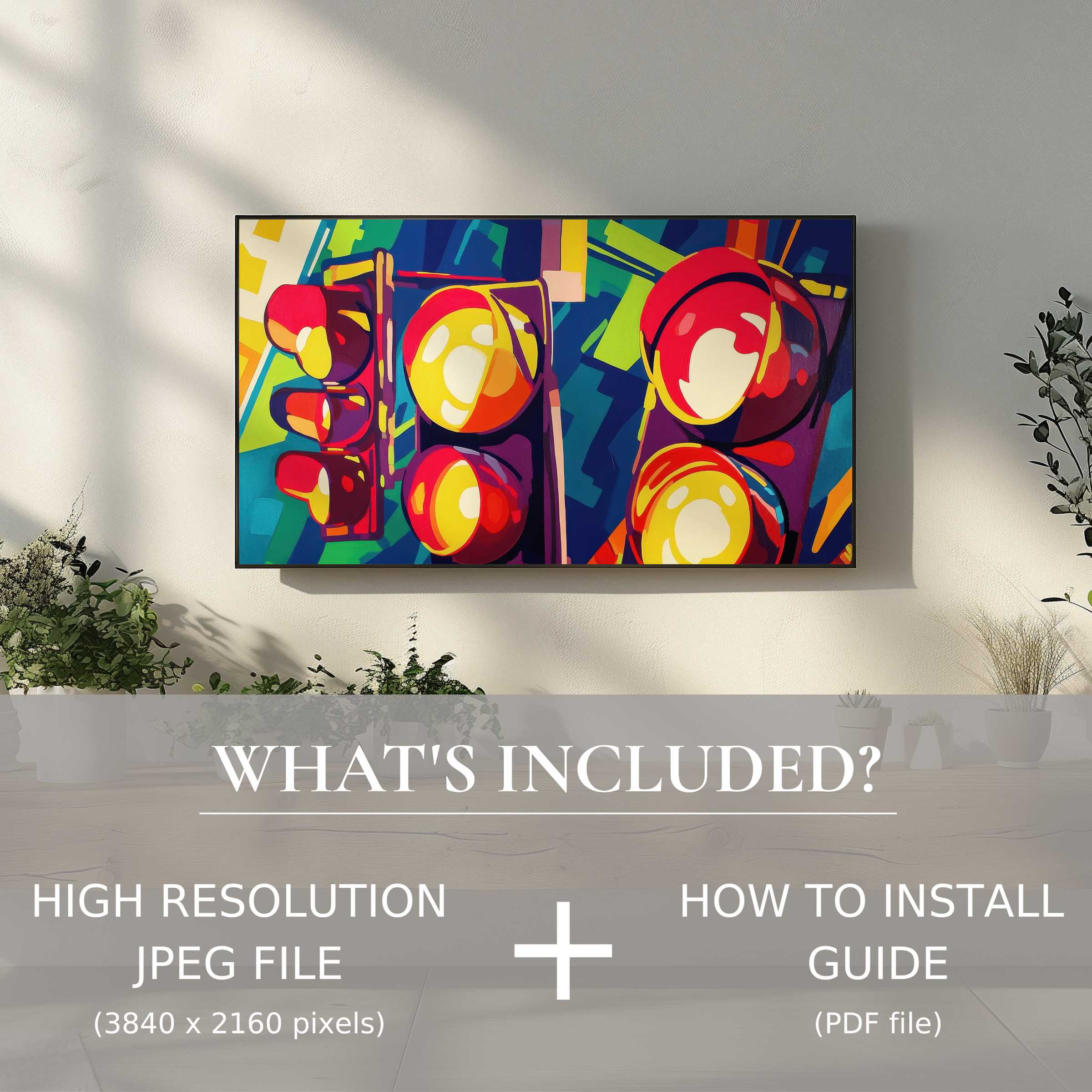 Modern living room enhanced by pop art digital TV art download, offering easy digital use and vibrant style elegance
