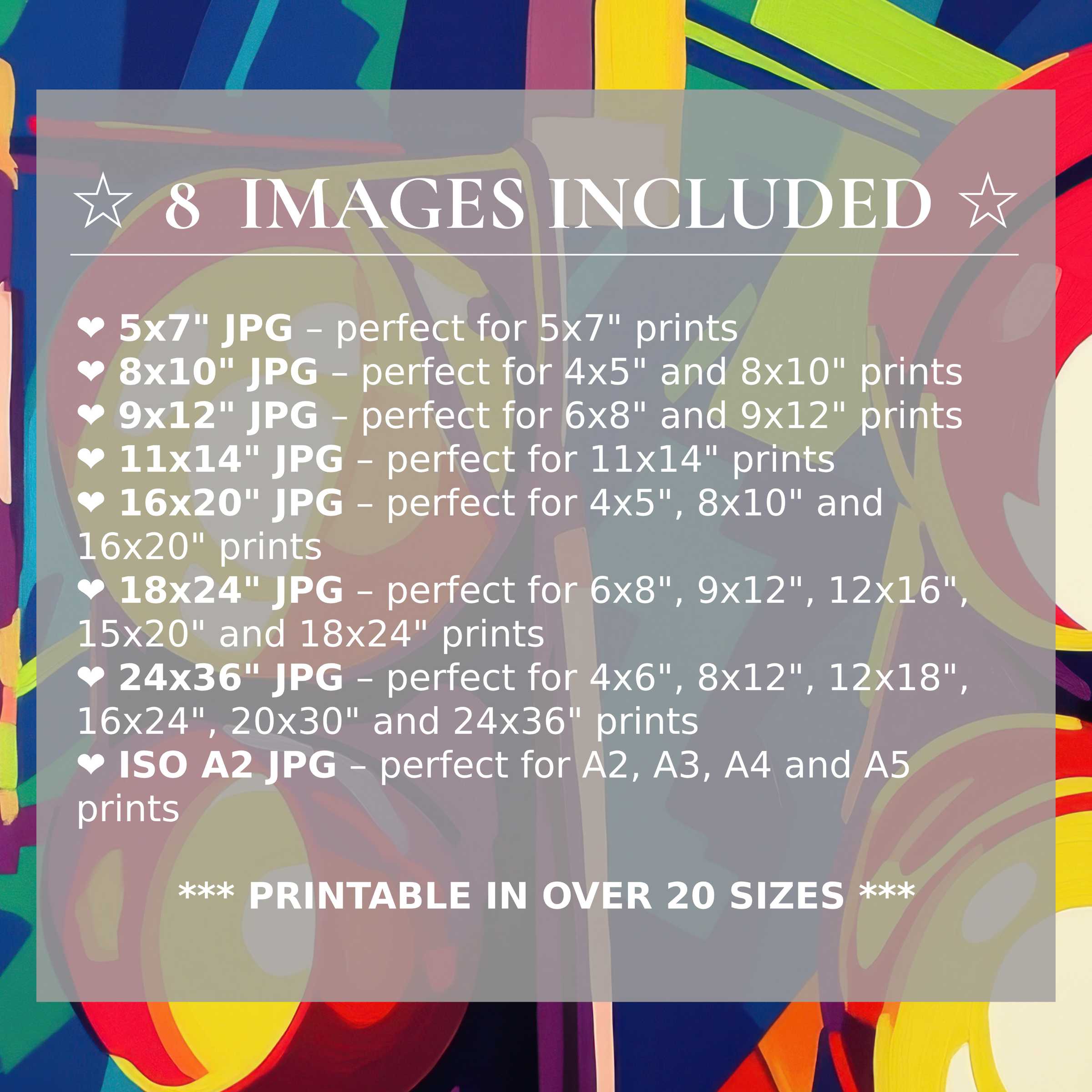 Radiant pop art digital print in bold reds, blues, and greens, enhancing modern interiors with versatile elegance Includes 8 high-quality sizes