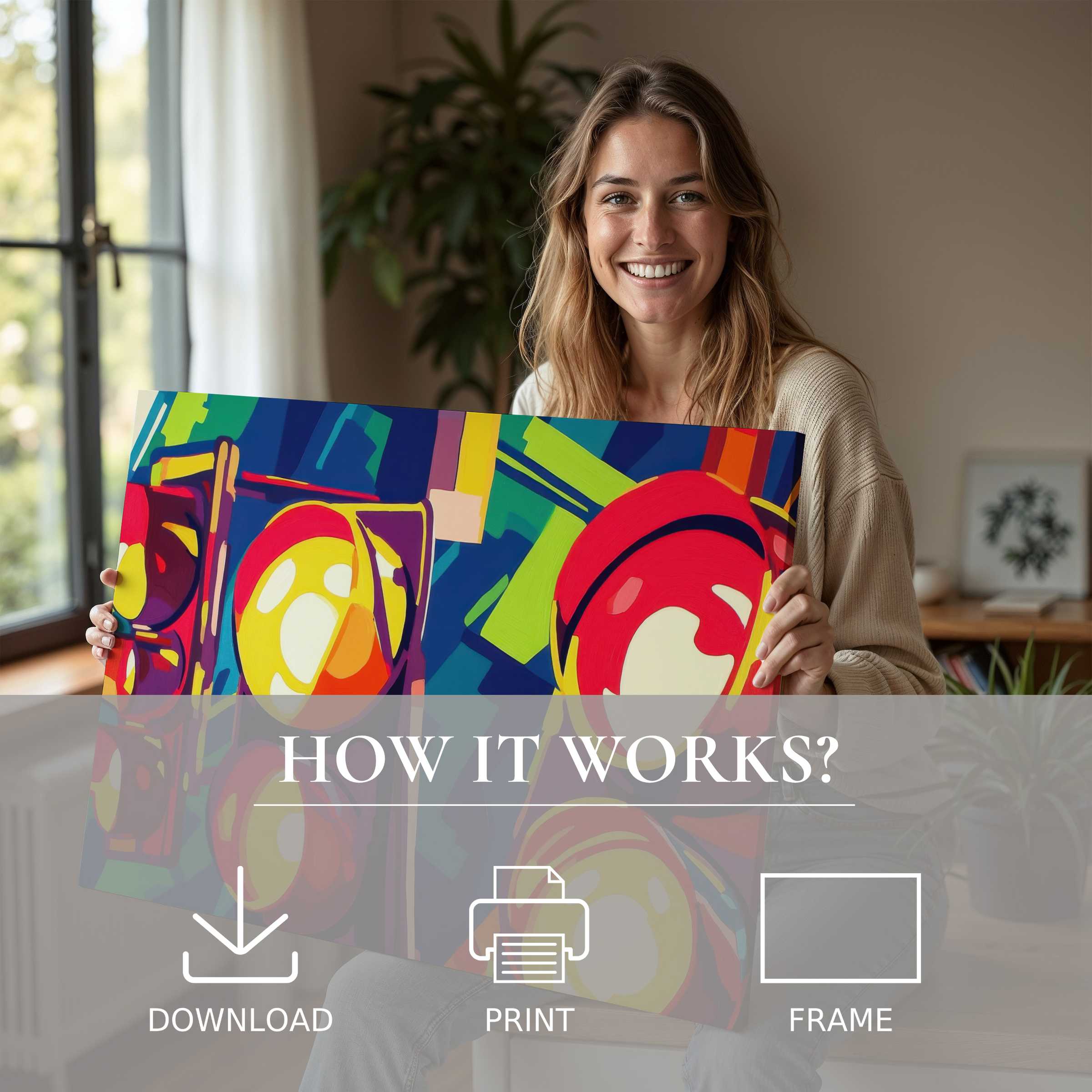 A serene moment of joyful connection with vibrant pop art digital art print, effortlessly enriching a stylish modern home