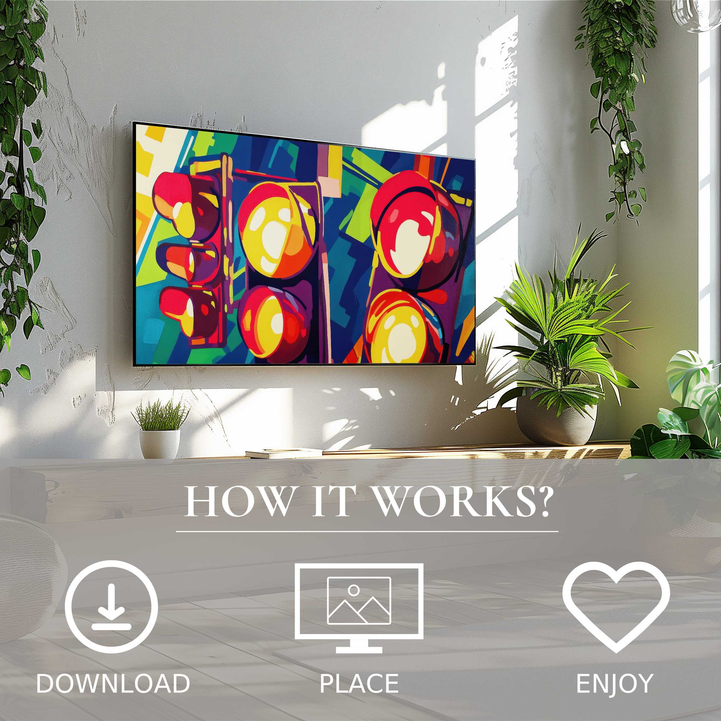 Pop art art for Samsung TV shows bold color flow traffic lights, easy digital download to enrich modern living spaces