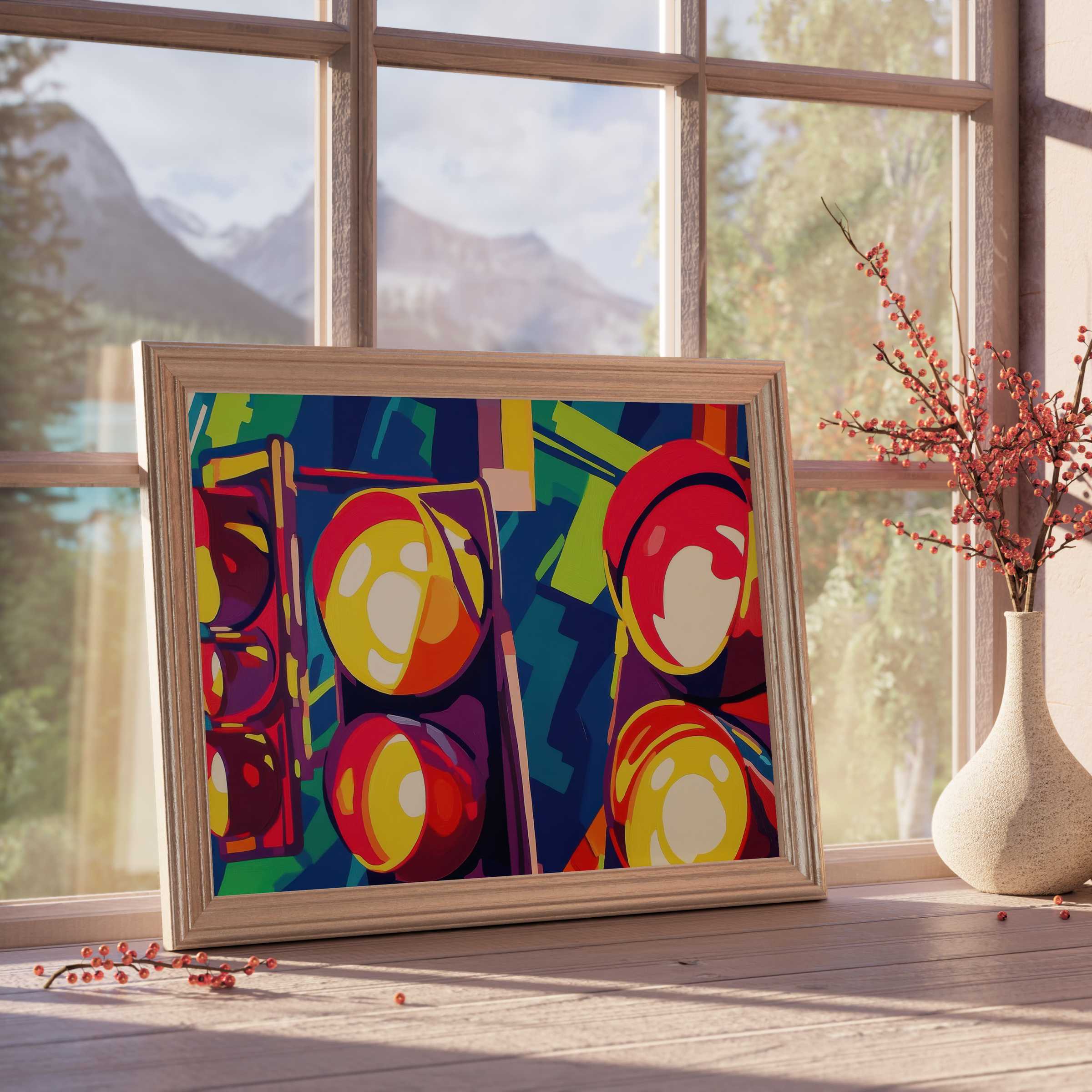 Vibrant pop art downloadable art with bold colors, elevating curated interiors with dynamic energy and modern sophistication