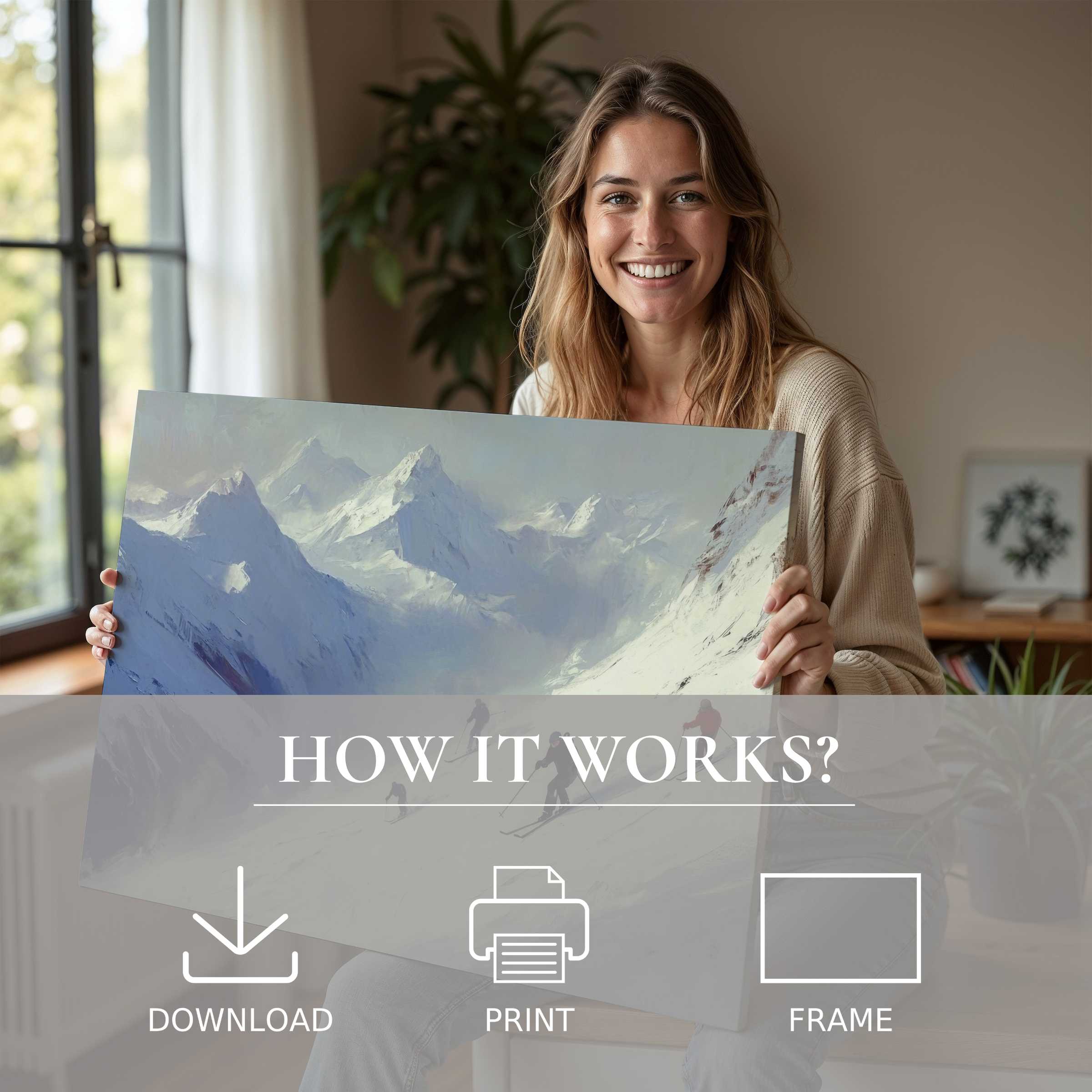 Woman joyfully embraces a winter digital art print of serene snow-capped peaks, elevating modern living spaces with effortless elegance