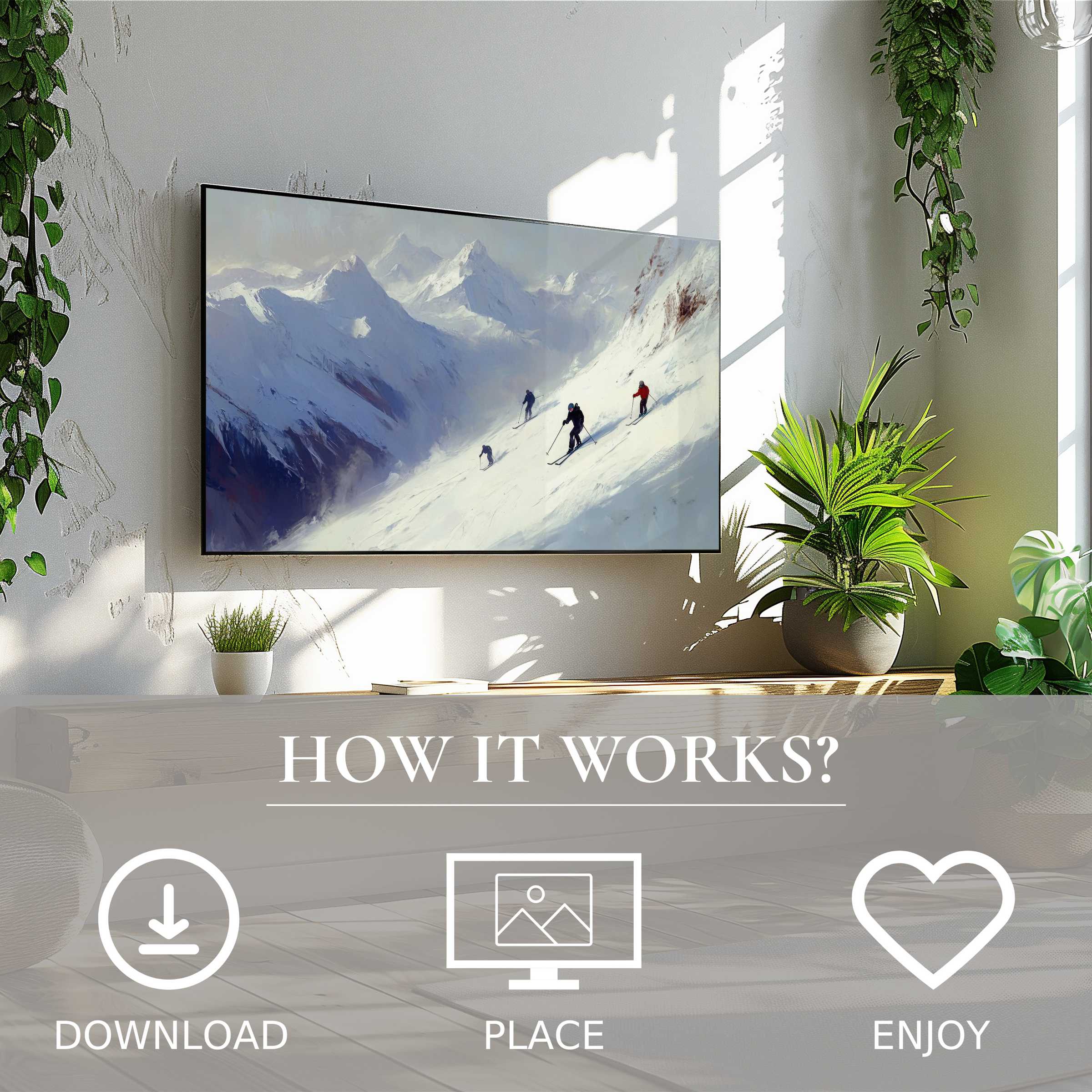 Winter art for Samsung TV shows skiers on snowy slopes; easy digital download enriches modern living spaces