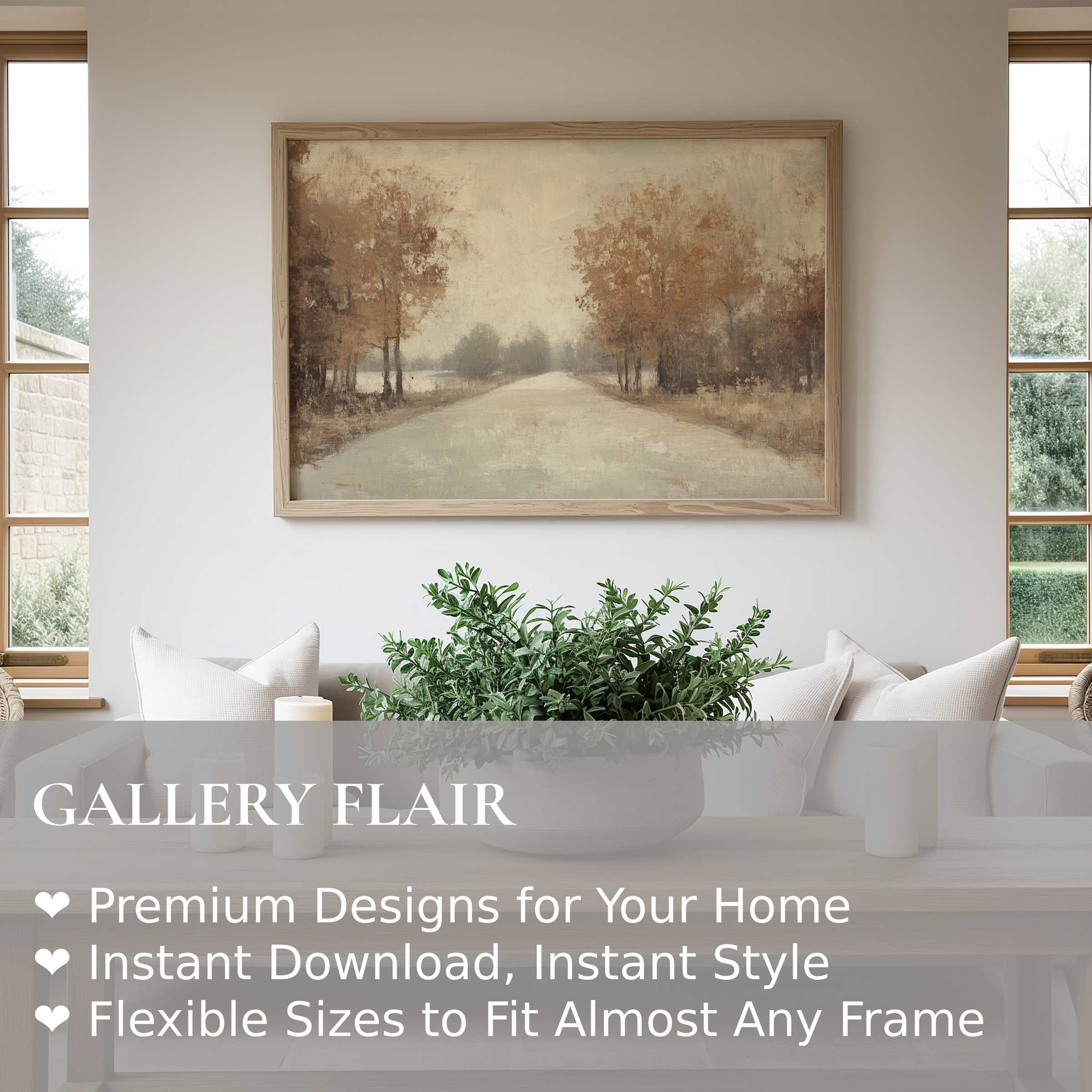 Fall wall art print showcasing a serene autumn landscape in muted earth tones, enhancing modern minimalist interiors with calming warmth and timeless elegance