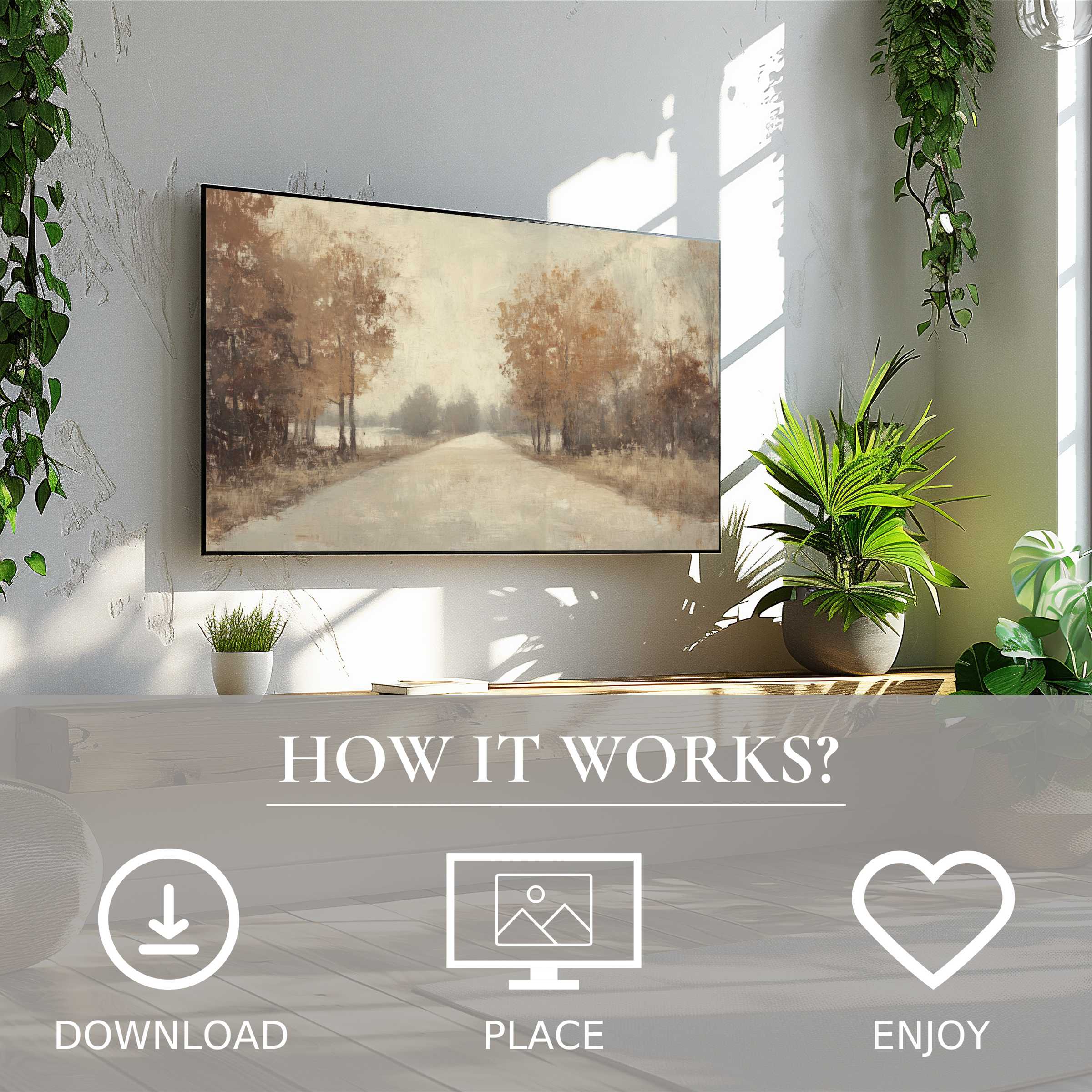 Fall art for Samsung TV shows soft sunset tones on The Frame, easy digital download enriches any modern living space