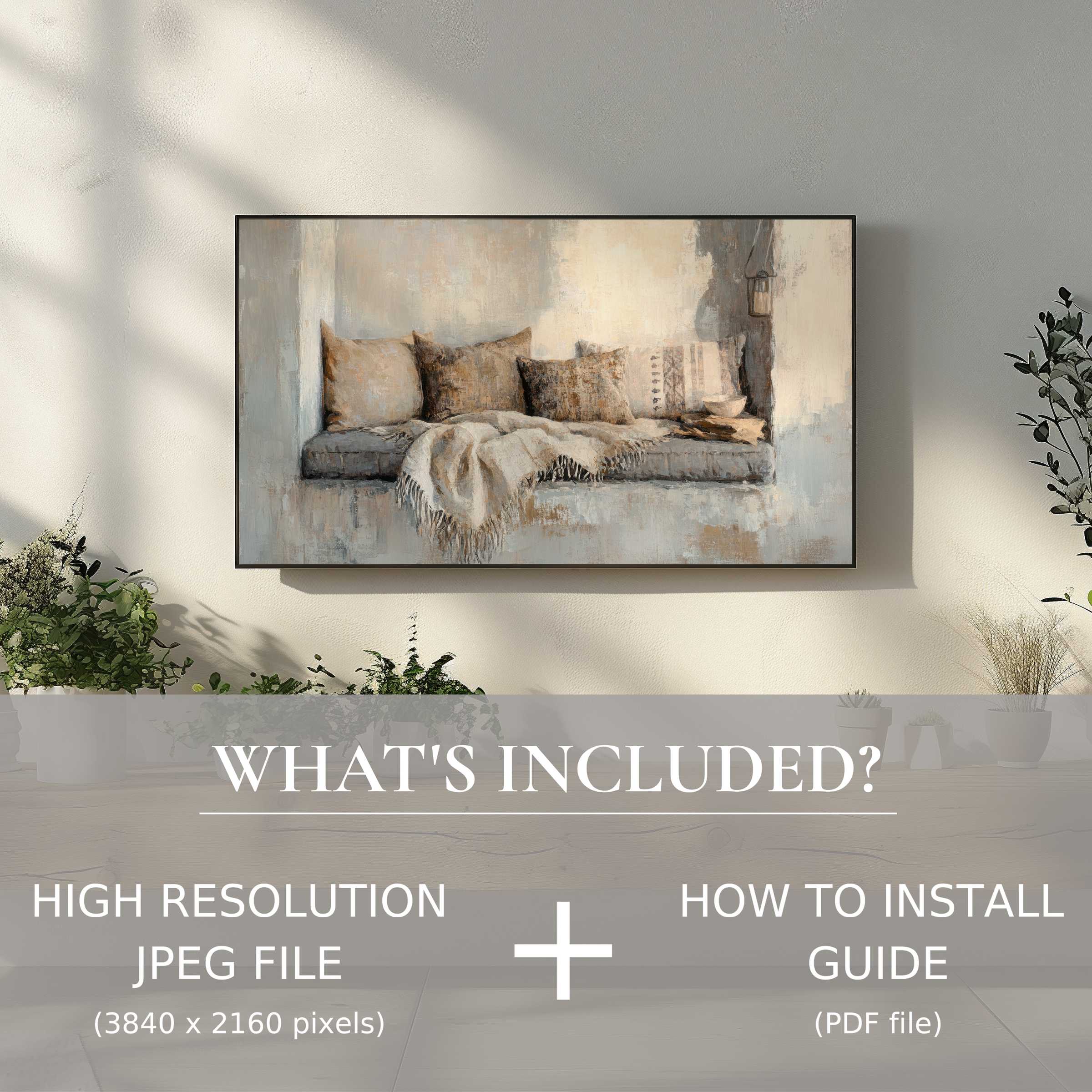 Elegant boho digital TV art download, easy to use, enhancing living spaces with cozy, stylish digital artwork ambiance