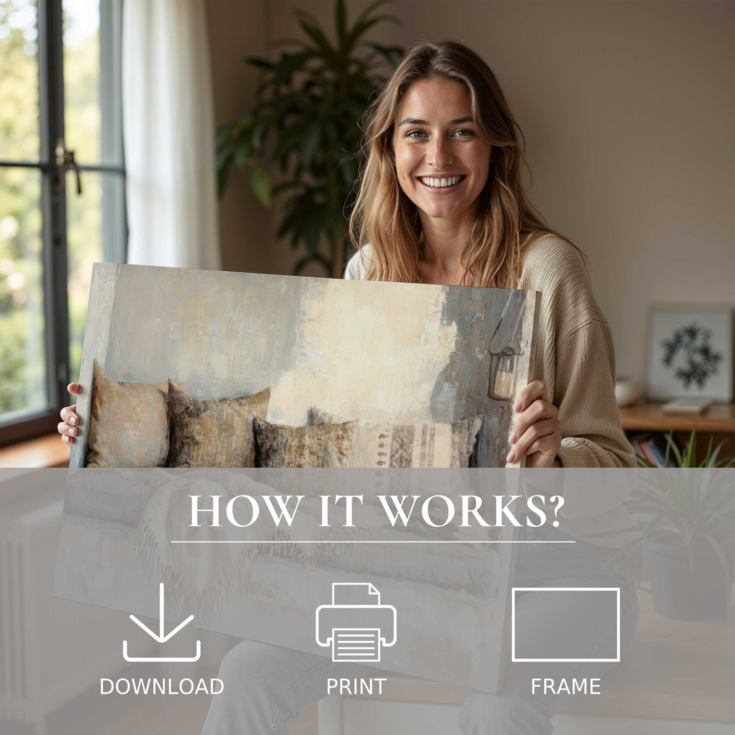 Radiant woman embraces a boho digital art print, infusing her modern home with serene warmth and effortless artistic joy